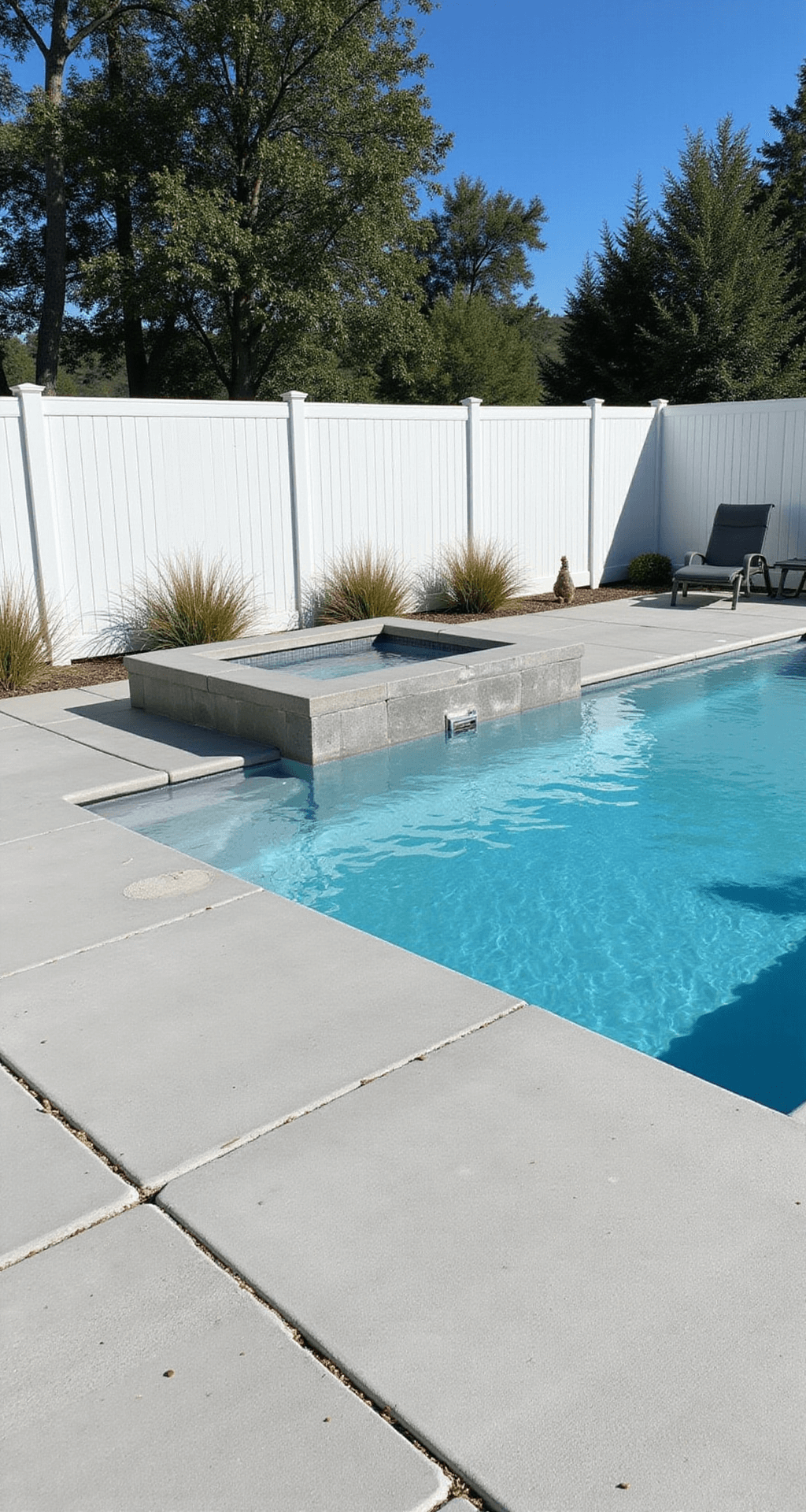 A contemporary pool area with sleek white vinyl fencing, a rectangular pool with a built-in spa, light gray concrete pavers, and minimalist charcoal gray lounge chairs, surrounded by tall ornamental grasses, captured in bright midday light.