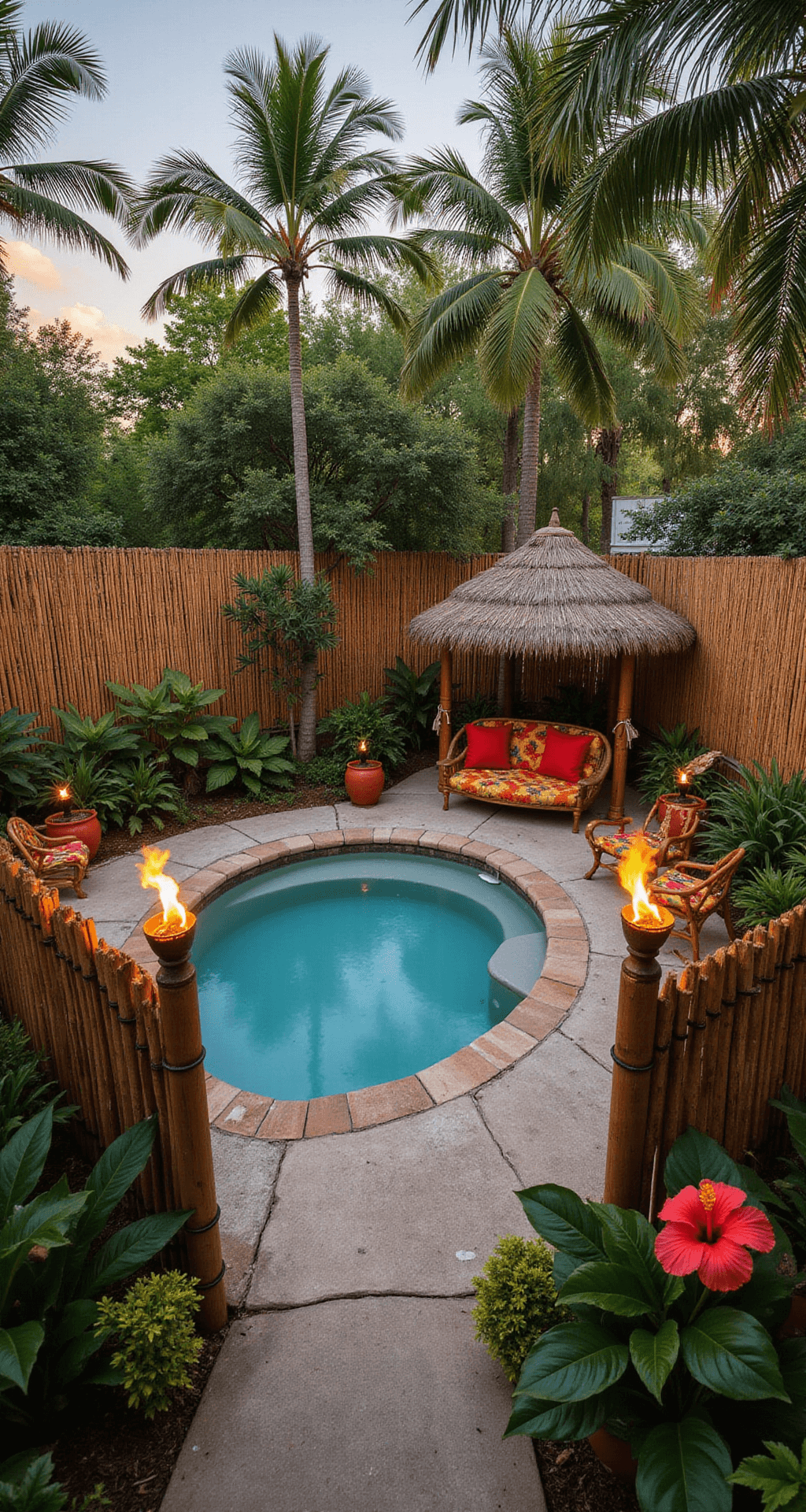 A tropical oasis featuring a freeform pool with a thatched-roof swim-up bar, surrounded by natural bamboo fencing, lush palm trees, and vibrant hibiscus flowers, captured during golden hour with a cozy seating area and tiki torches.