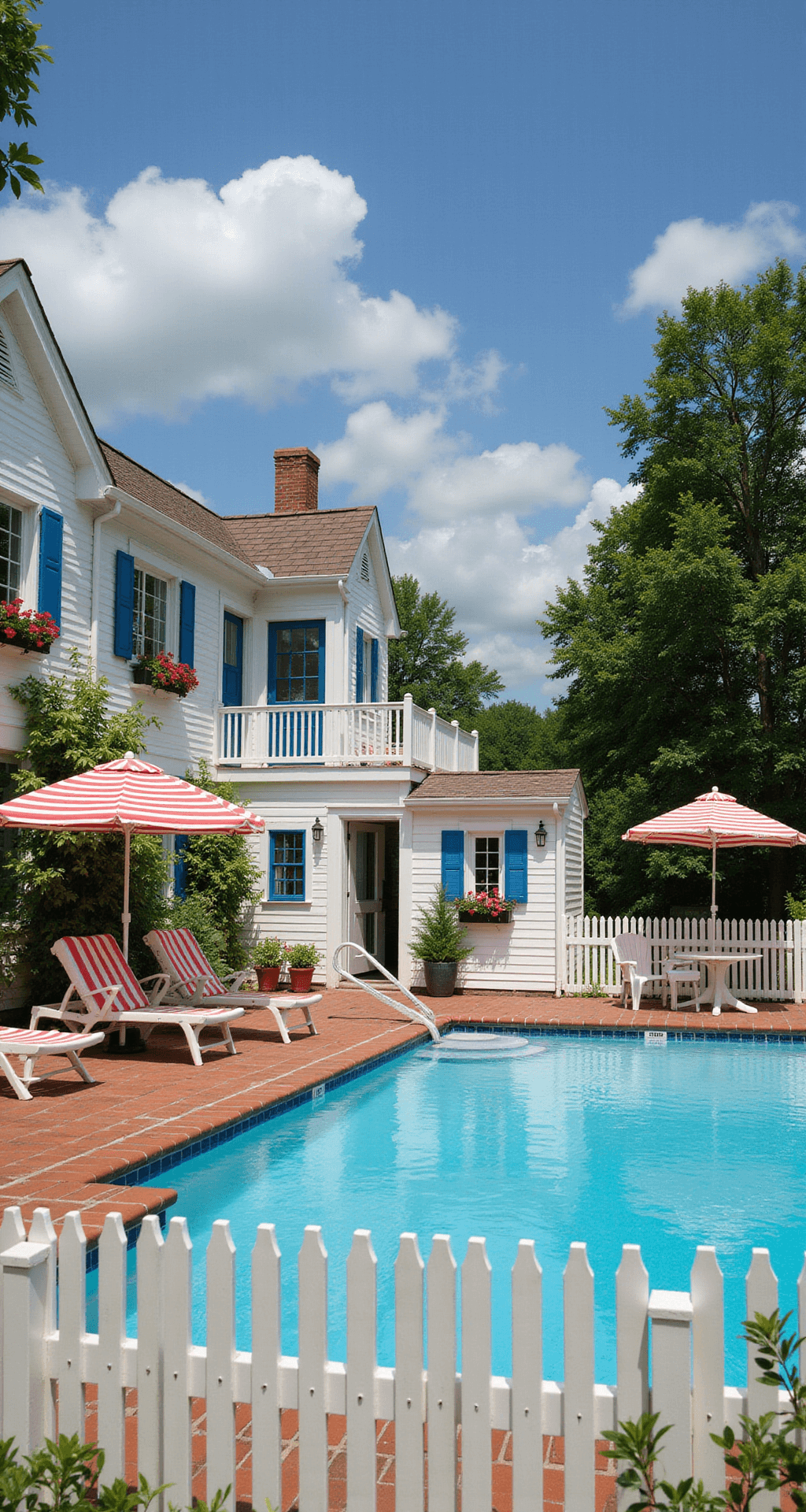 A nostalgic pool area enclosed by a classic white picket fence, featuring a rectangular pool, diving board, and brick paver patio with red and white striped umbrellas over lounge chairs, alongside a small pool house with blue shutters and blooming geraniums, framed by climbing roses under a bright summer sky.