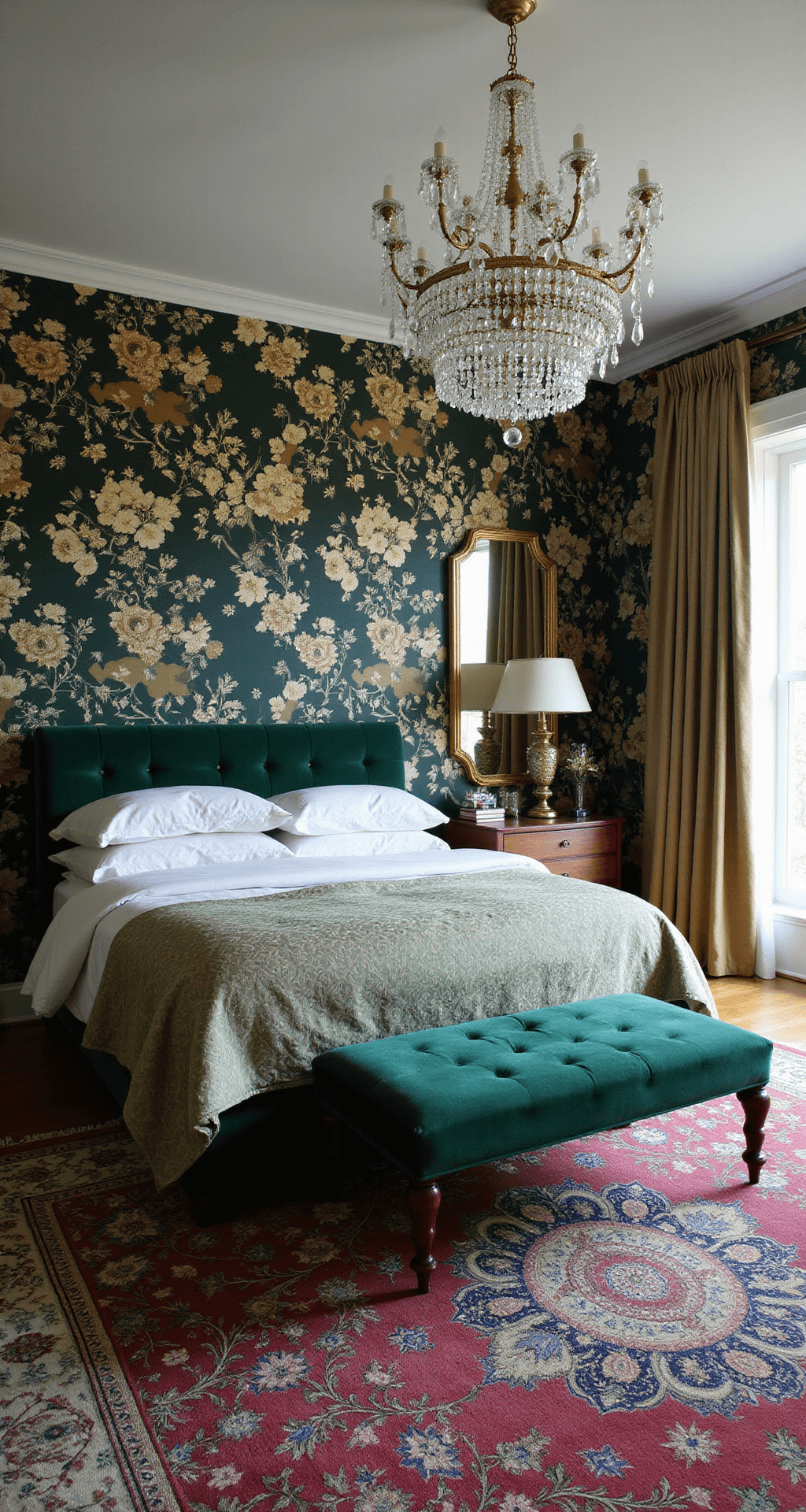 Wide-angle view of a luxurious maximalist bedroom featuring floral wallpaper, an emerald velvet bed, a crystal chandelier, and rich jewel-toned Persian rugs, illuminated by soft afternoon light.