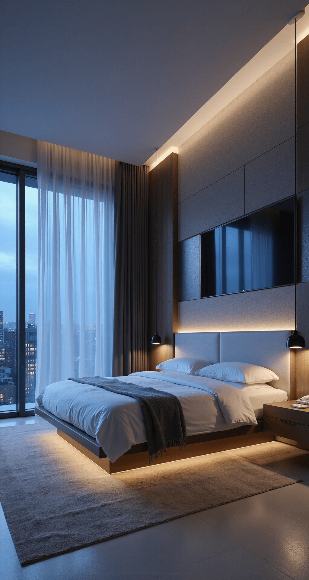 A high-tech luxury bedroom featuring a floating platform bed, smart mirror, and automated sheer curtains framing city views, all designed with cool greys, whites, and subtle blue lighting during twilight.