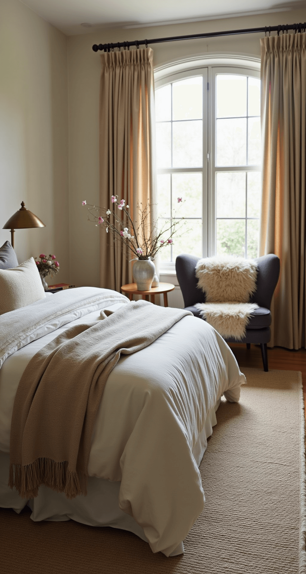 A cozy bedroom showcasing an ivory linen upholstered bed layered with cashmere, wool, and raw silk, illuminated by warm afternoon light. A vintage brass floor lamp brightens a reading corner, while sheepskin throws adorn a modern accent chair. Seasonal flowers in metallic vases add color to the neutral palette with rust accents, all highlighted by natural backlighting to emphasize the textures.