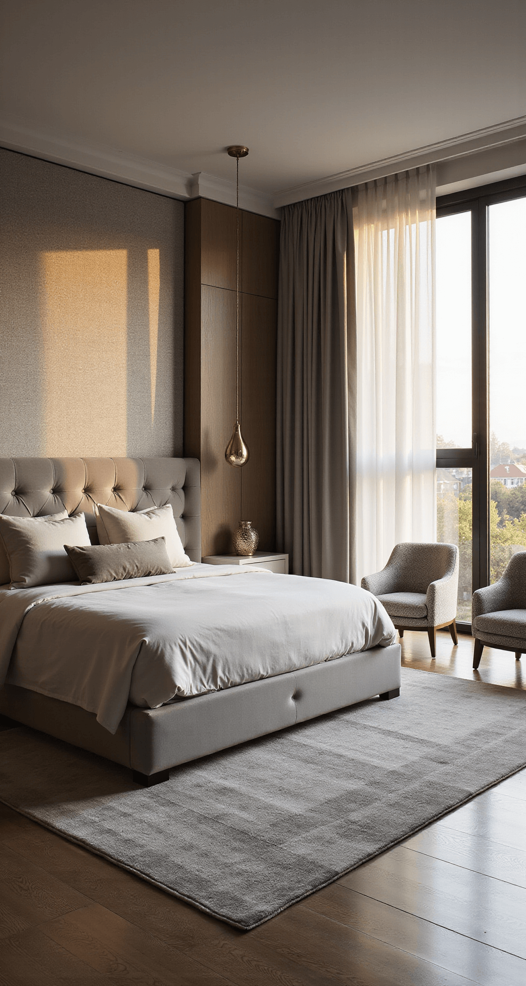 A modern master bedroom with floor-to-ceiling windows, featuring a dove grey tufted velvet headboard, ivory Italian linens, partially drawn sheer curtains, and brass pendant lights, all captured during golden hour.