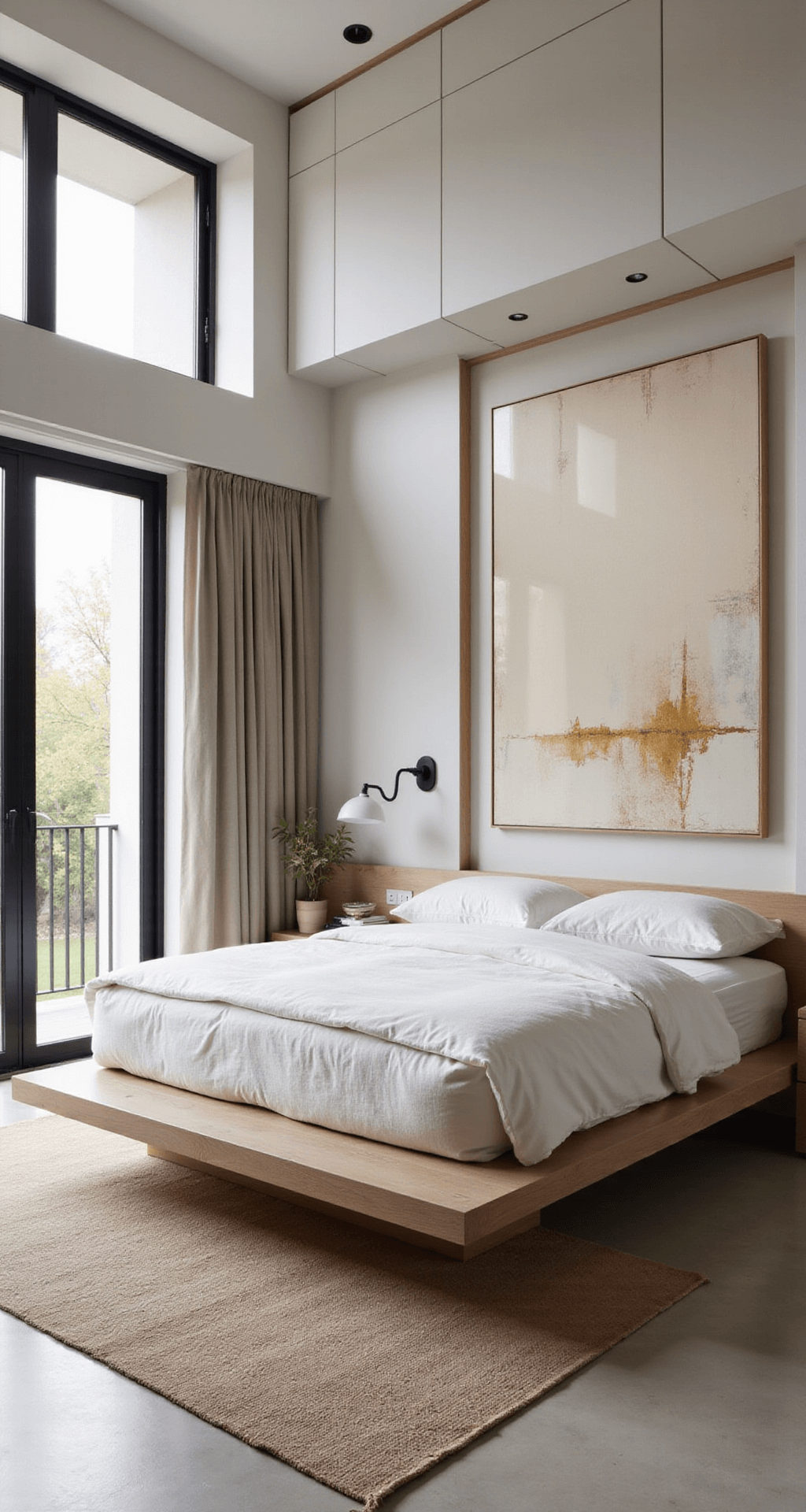 A wide-angle shot of a minimalist luxe bedroom featuring a floating platform bed in bleached oak, integrated nightstands, and warm whites and greiges. Black-framed windows let in early morning light, with a concealed pop-up TV in custom millwork, an oversized abstract canvas in cream and gold tones, limestone flooring, and a hand-knotted Moroccan rug.