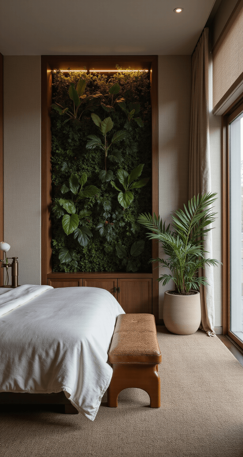Twilight view of a master suite featuring floor-to-ceiling upholstered panels, a walnut bed, raw silk bedding, a woven leather bench, brushed bronze fixtures, a living wall of tropical plants, partially raised automated blinds, and an oatmeal-toned jute and wool carpet, all captured with soft diffused lighting.