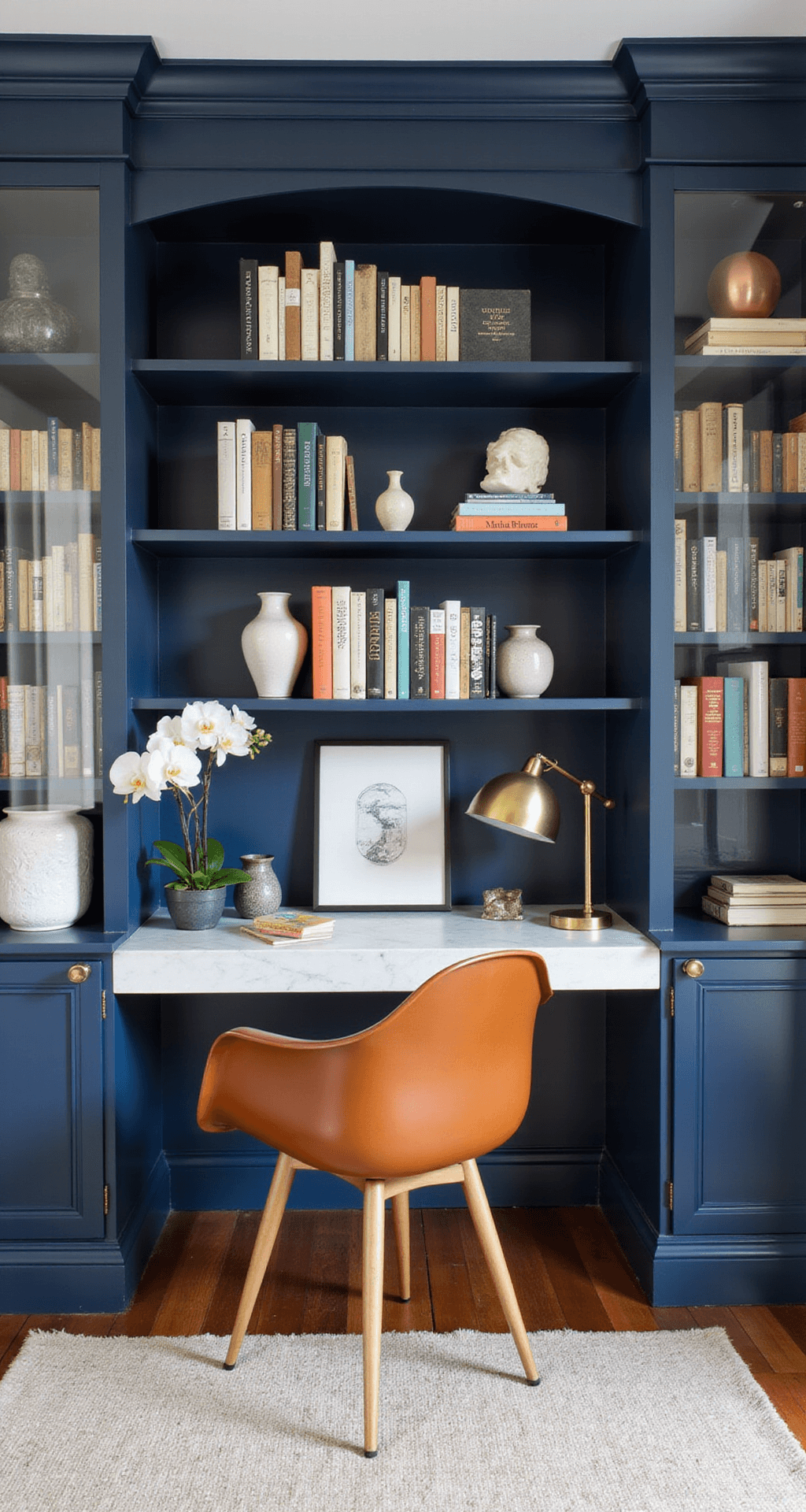 Home office nook featuring navy lacquer built-in bookshelves, a brass-legged desk with a white marble top, and an Eames management chair in cognac leather. The space is illuminated by natural light and task lighting, showcasing vintage books, modernist sculptures, and a single statement orchid against a color palette of navy, brass, white, and cognac leather.