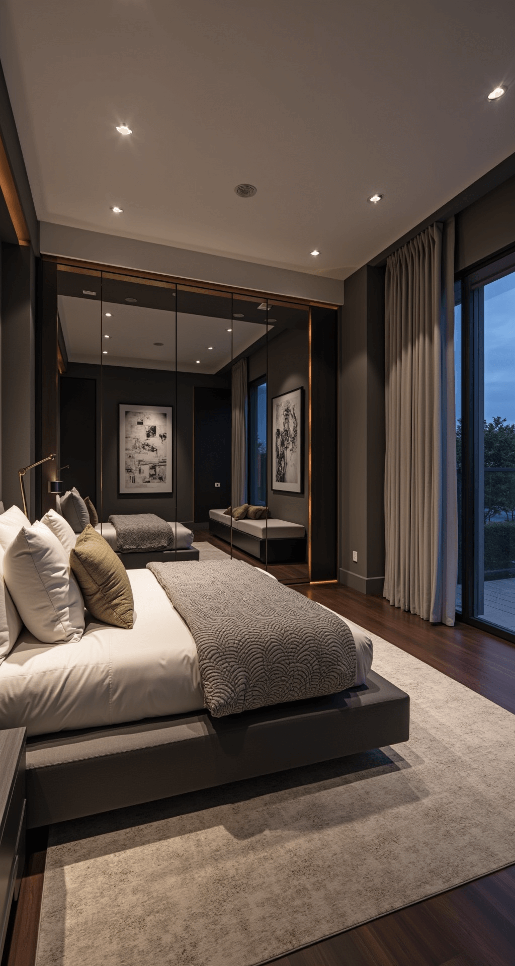 A dusk view of a modern smart bedroom featuring a suspended bed frame with ambient lighting, motorized privacy glass, hidden speakers, and climate controls. The walls are adorned with charcoal grasscloth and bronze inlays, complemented by an automated art display and smart mirrors with integrated displays, all illuminated with mixed artificial lighting.