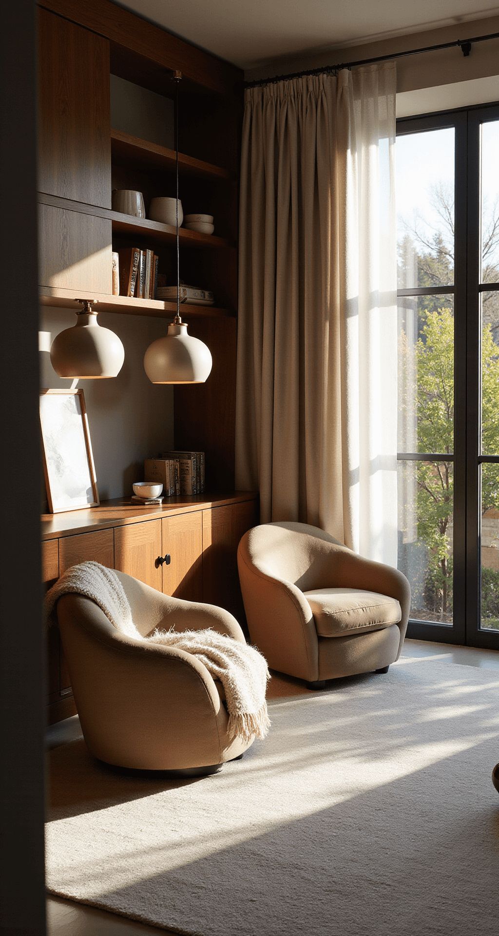 A cozy 19x23ft interior bathed in late afternoon light, featuring layered textures of velvet walls, silk drapery, mohair throws, and bouclé chairs, with walnut millwork, sculptural ceramic pendant lights, and a plush hand-tufted wool carpet.