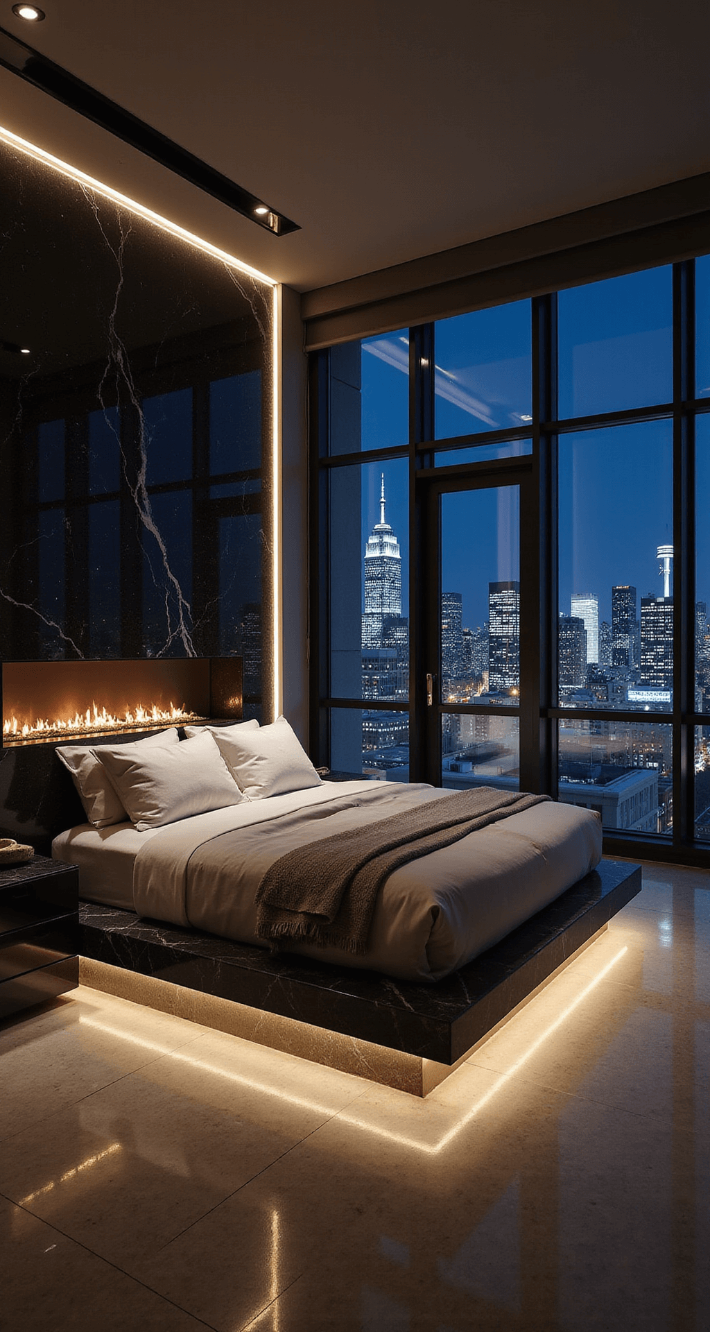 Bird's eye view of a luxurious penthouse bedroom at night, featuring a floating king bed on a marble platform, illuminated cove lighting, black lacquered accent wall with integrated fireplace, and city views through floor-to-ceiling windows, with chrome and glass fixtures reflecting urban lights.