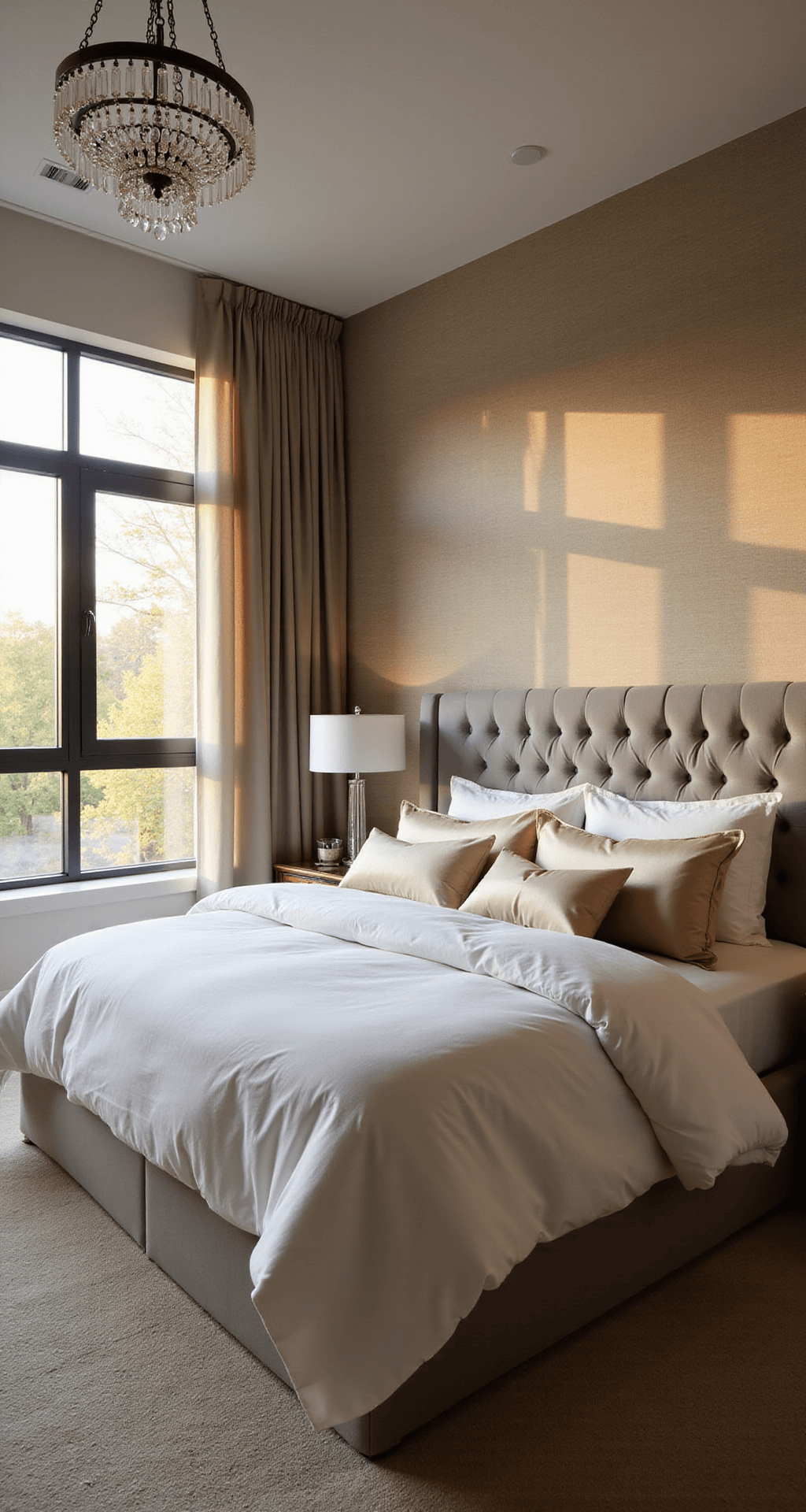 A luxurious master bedroom featuring a king-sized bed with a tufted velvet headboard, layered in white cotton sheets and plush pillows, illuminated by golden hour sunlight through large windows, with a crystal chandelier and textured wallpaper, shot from a low angle to emphasize height and light.