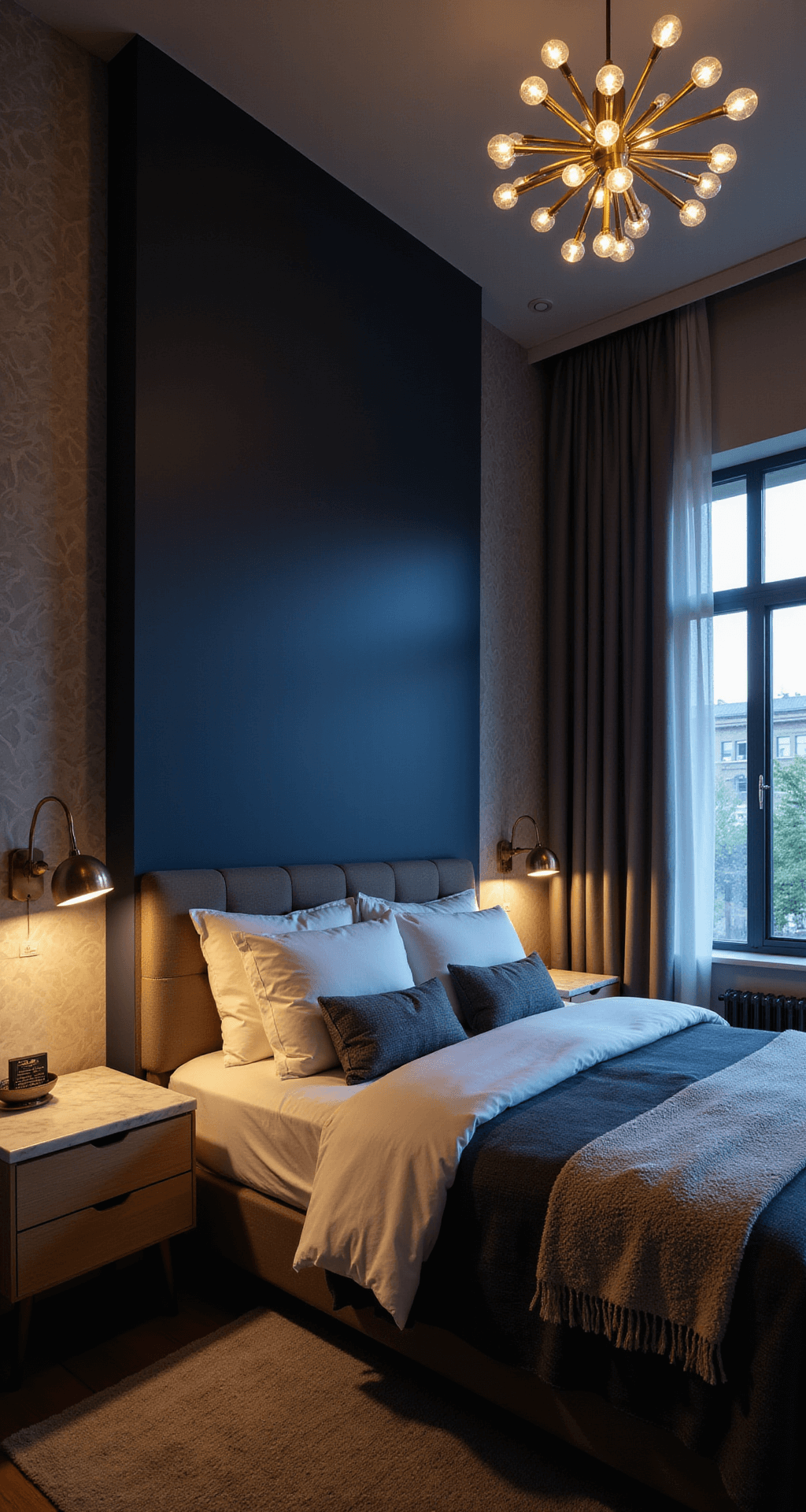 An intimate evening bedroom scene showcasing warm lighting from brass sconces and a dimmed sputnik chandelier, with a navy accent wall featuring geometric wallpaper. The shot, taken at bed level, highlights custom bleached oak nightstands with marble tops, emphasizing the interplay of light and materials during blue hour.