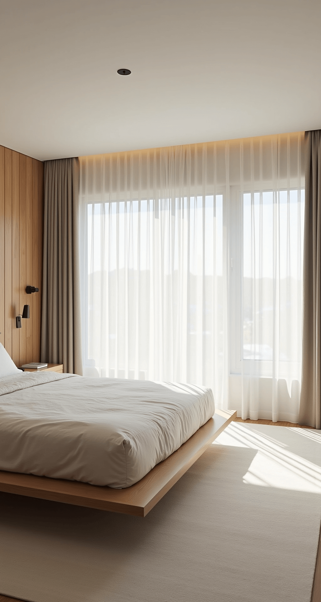 A luxurious minimalist primary bedroom featuring a platform bed in natural white oak, plush ivory carpet, sheer linen drapes, and integrated wooden wall panels, all bathed in soft natural daylight for an ethereal atmosphere.