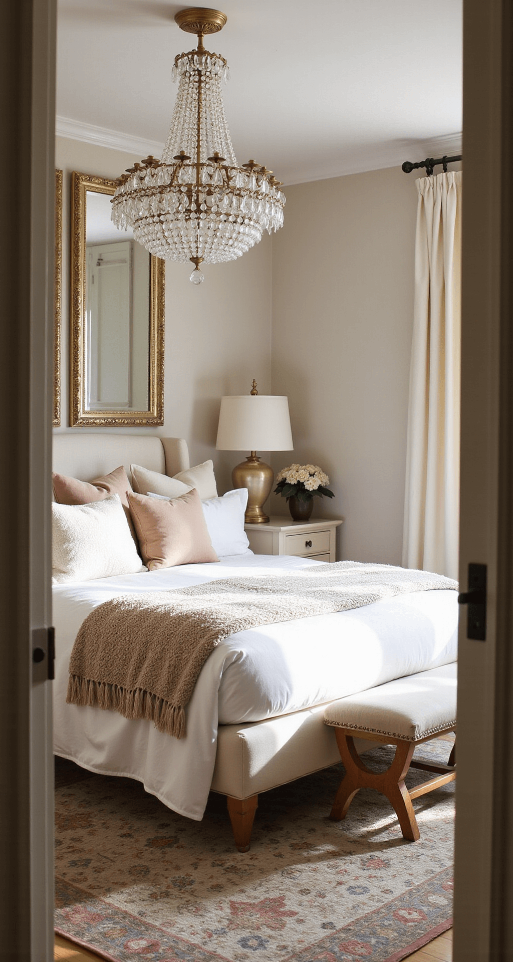 Cozy 12x14ft bedroom with a vintage crystal chandelier, queen bed in white and blush linens, chunky knit throw, velvet pillows, and a plush Moroccan rug, accented by art deco mirror panels reflecting light, shot from doorway height.