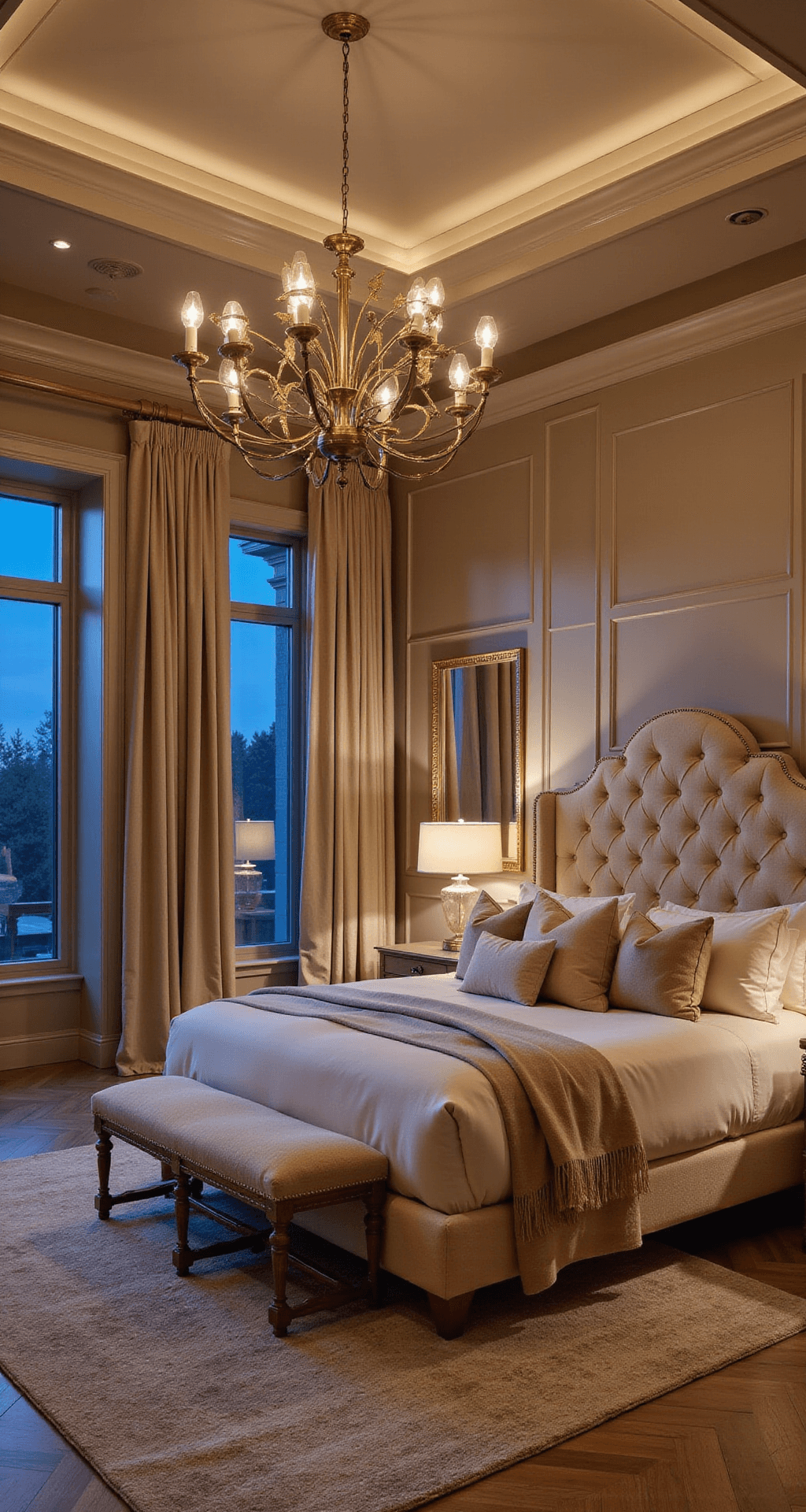 An opulent master suite at dusk featuring a champagne velvet upholstered bed, tray ceiling, and warm greige wall paneling. Silk drapery cascades on herringbone hardwood floors, illuminated by a modern linear chandelier and cool evening light filtering through the windows.