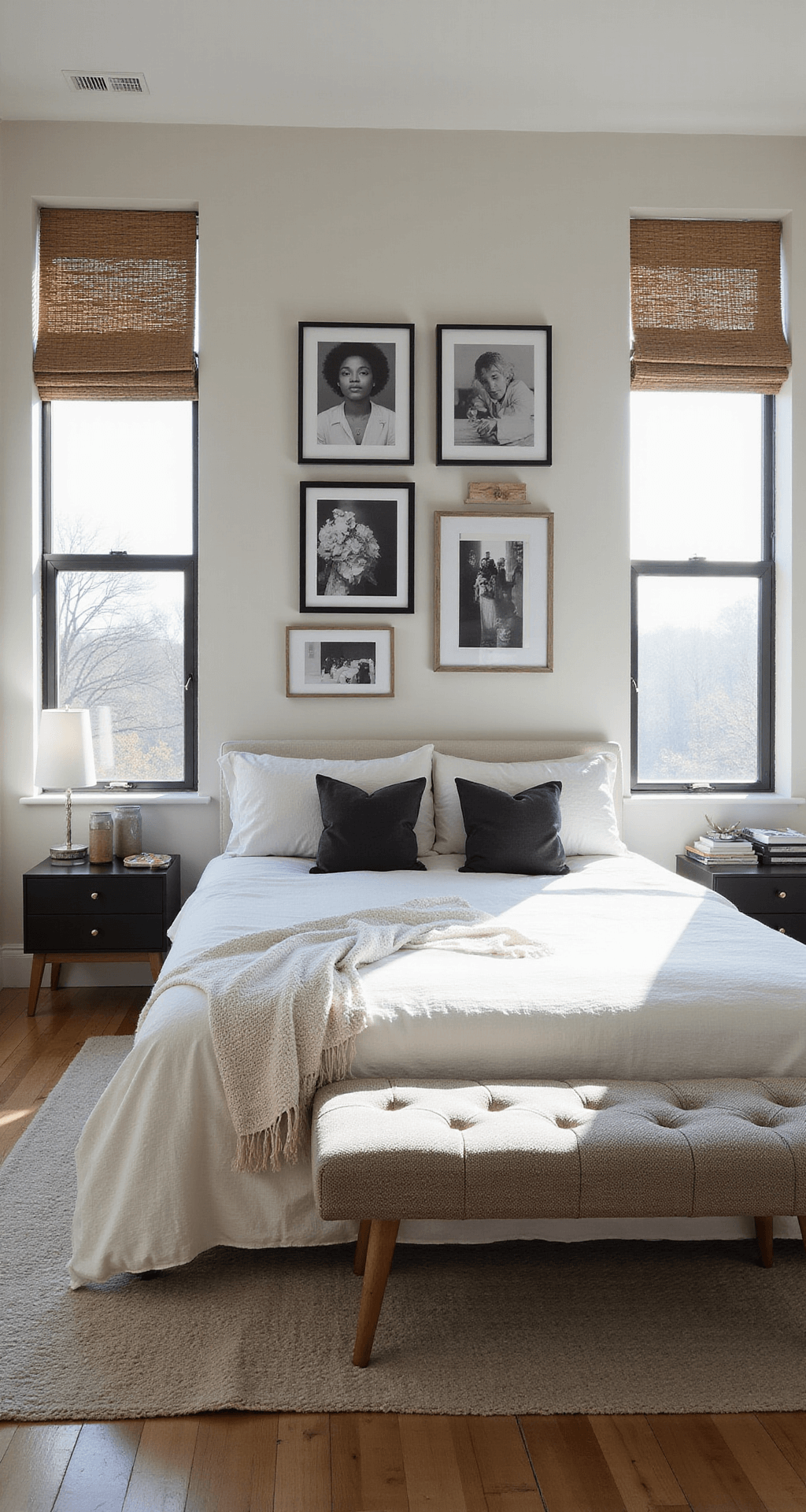 A contemporary bedroom featuring a low-profile platform bed and a gallery wall adorned with black and white photography, set in a monochromatic palette of warm white, greige, and charcoal. Textural elements include a bouclé bench and woven grass window shades, with nubby linen bedding. Morning light casts dramatic shadows through the architectural window frames, enhancing the composition of the gallery wall.