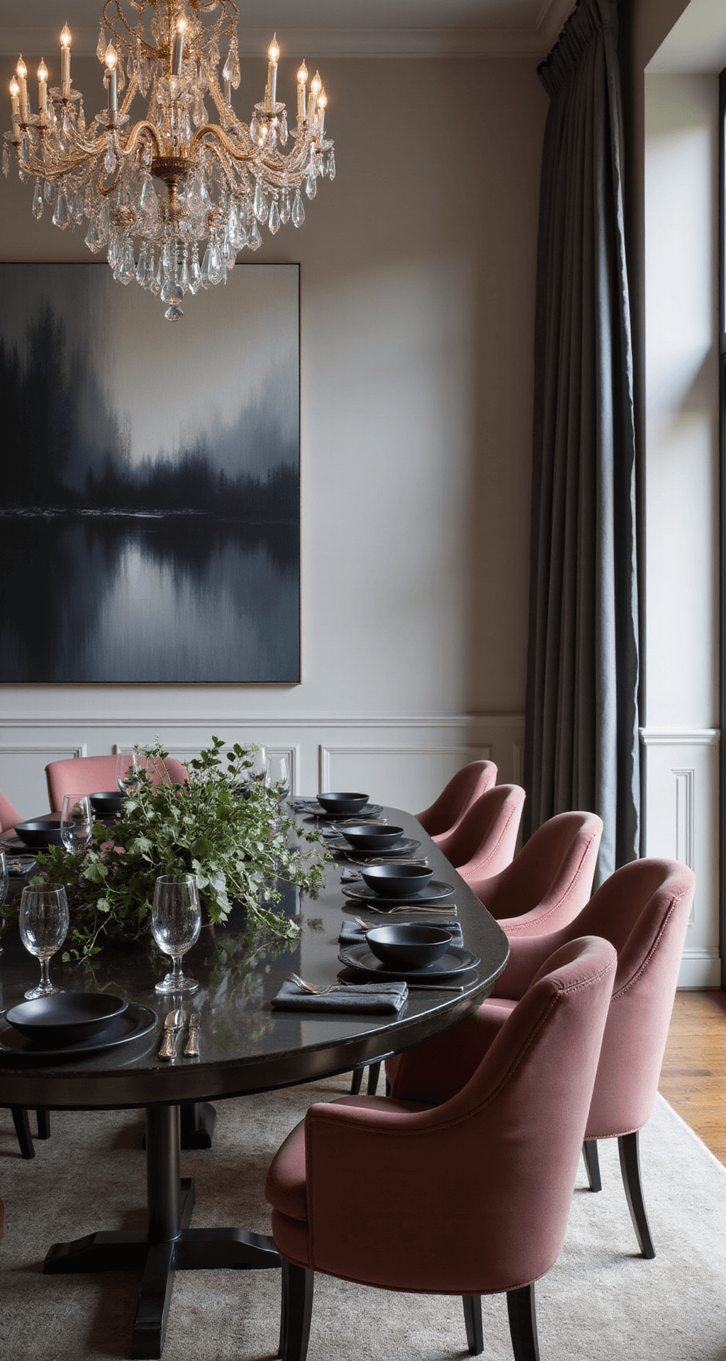 A elegantly styled dining room at dusk featuring an oval smoked glass table surrounded by eight dusty rose velvet chairs. An oversized abstract canvas decorates the wall, complemented by a crystal chandelier that casts intimate lighting. The table is set with black matte ceramics and polished silverware, adorned with a trailing eucalyptus centerpiece, all within a color palette of dusty rose, smoke grey, and metallic accents.