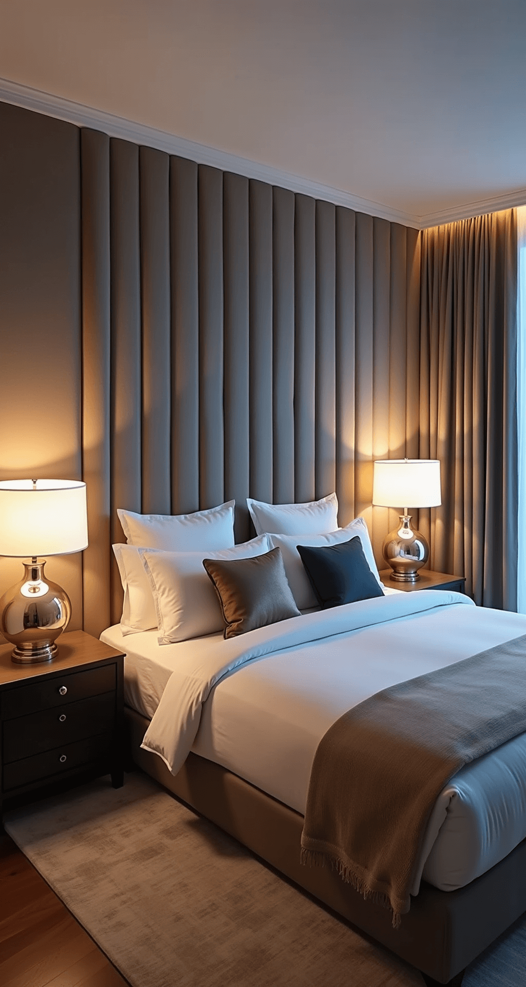 A luxurious 16x16ft bedroom at twilight featuring a channel-tufted suede headboard wall, a king bed with hotel-style white linens and muted jewel tone accent pillows, oversized mercury glass bedside lamps, and a plush silk carpet, captured from a corner angle highlighting the headboard and room depth with mixed cool twilight tones and warm artificial lighting.
