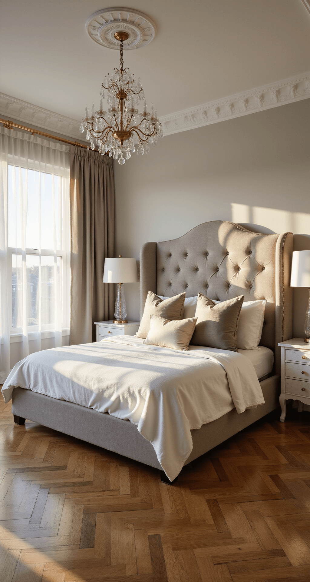 A luxurious master bedroom with a king-sized bed draped in ivory cotton and adorned with silk and velvet pillows, illuminated by golden hour sunlight filtering through sheer drapes, casting shadows on herringbone hardwood floors.