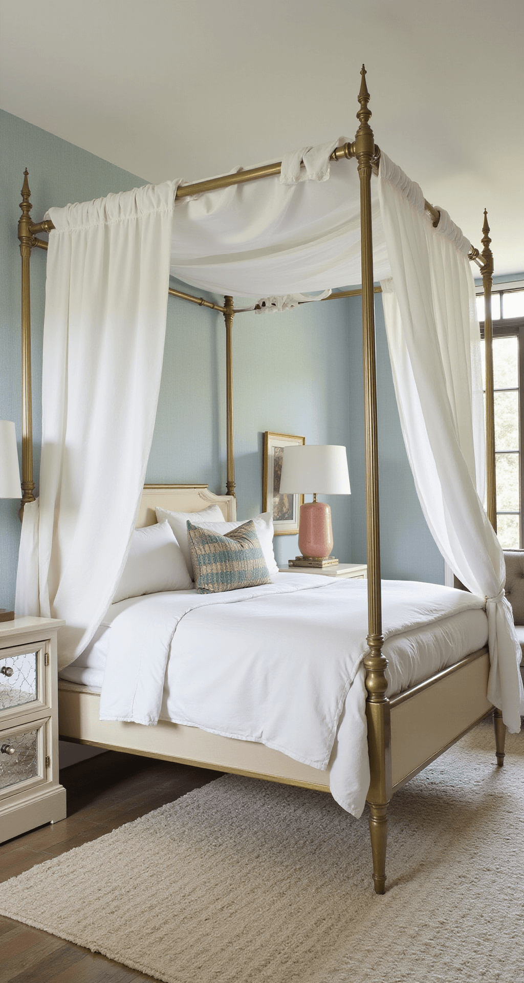 A serene 16x18ft bedroom captured from bed-level, featuring a statement canopy bed with a polished brass frame draped in translucent white silk. The pale blue grasscloth wallpaper with metallic threads complements custom built-in nightstands in bleached oak with antiqued mirror accents. A plush cream Moroccan rug adds geometric texture, all illuminated by soft early morning light.