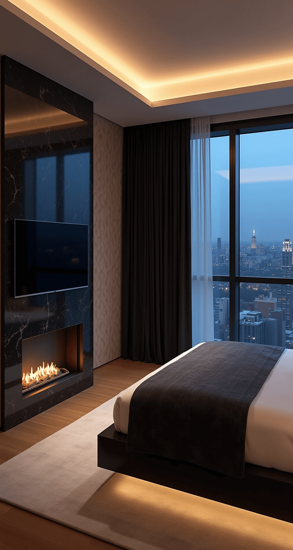 A luxurious primary suite at dusk, featuring a dramatic black marble fireplace, a charcoal velvet platform bed, and partially drawn automated blackout curtains revealing city lights. Smart LED lighting illuminates textured wallpaper, with integrated technology like a hidden TV lift and smart controls.