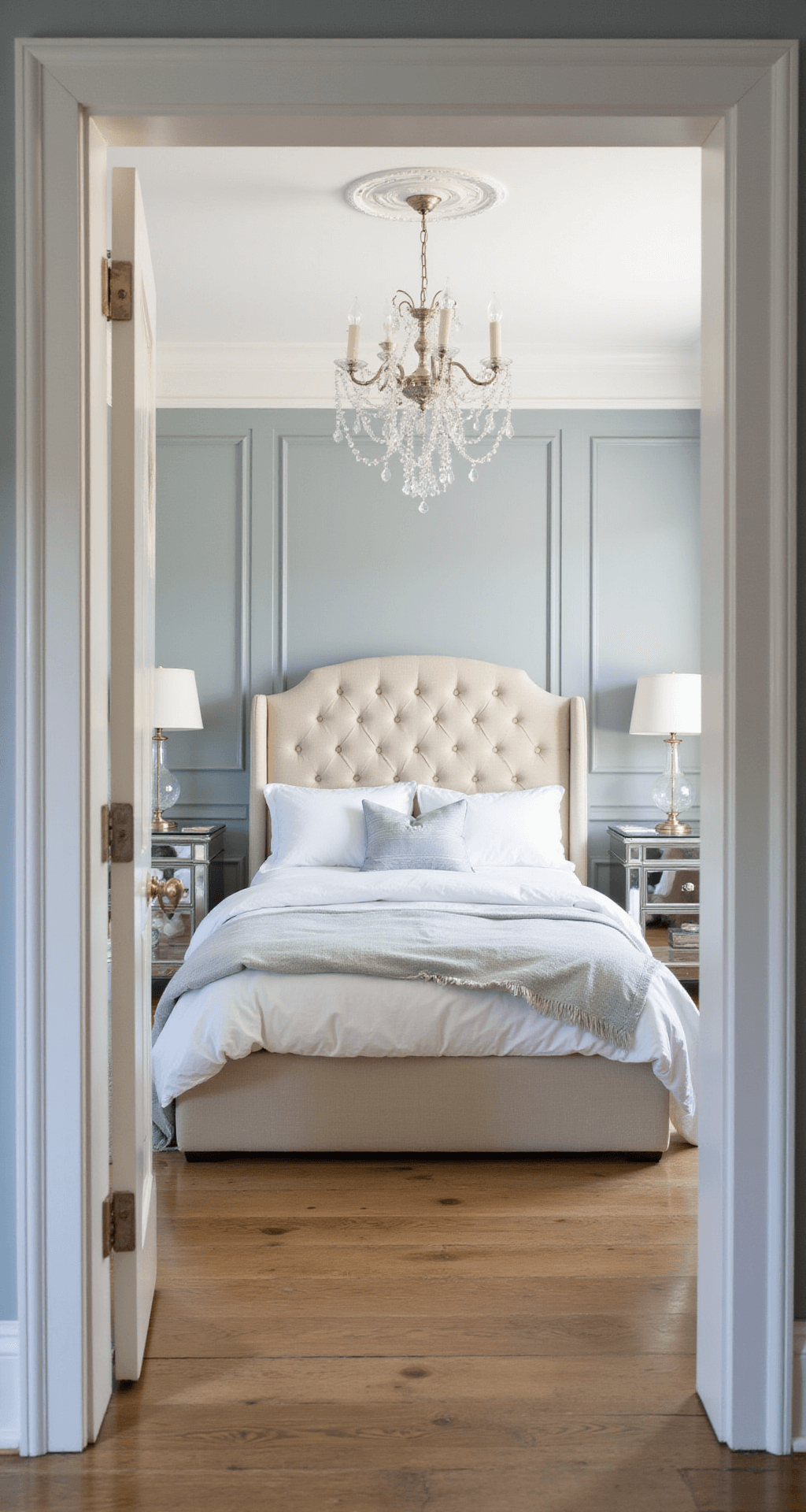 A well-lit 18x20ft bedroom viewed from the doorway, featuring soft dove gray wainscoting and crown molding, a tufted cream linen bed with layers of white, silver, and pale blue linens, mirrored nightstands with mercury glass lamps, and a vintage crystal chandelier, showcasing classical symmetry and a refined color palette.