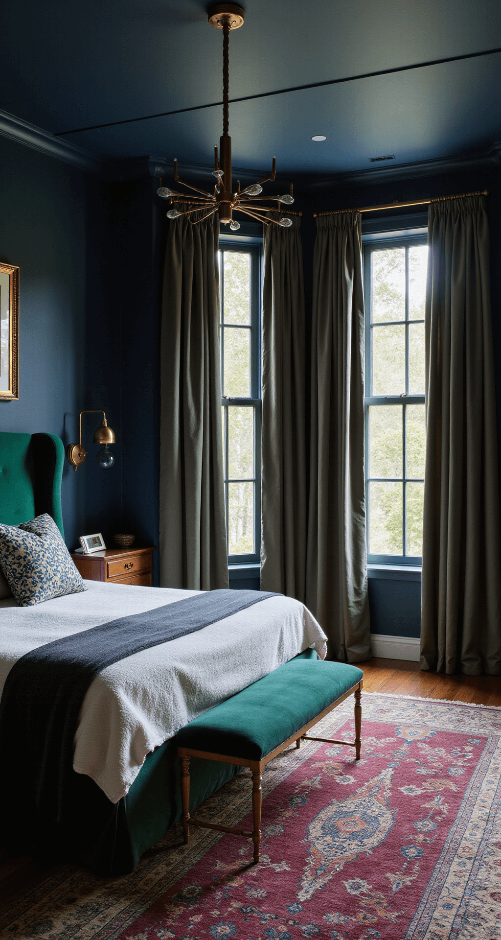 A stylish bedroom featuring an emerald velvet upholstered headboard, deep navy grasscloth walls, and brass accents. Layered burgundy and navy Persian rugs adorn the floor, while heavy silk drapes frame garden views, creating a moody and sophisticated atmosphere.