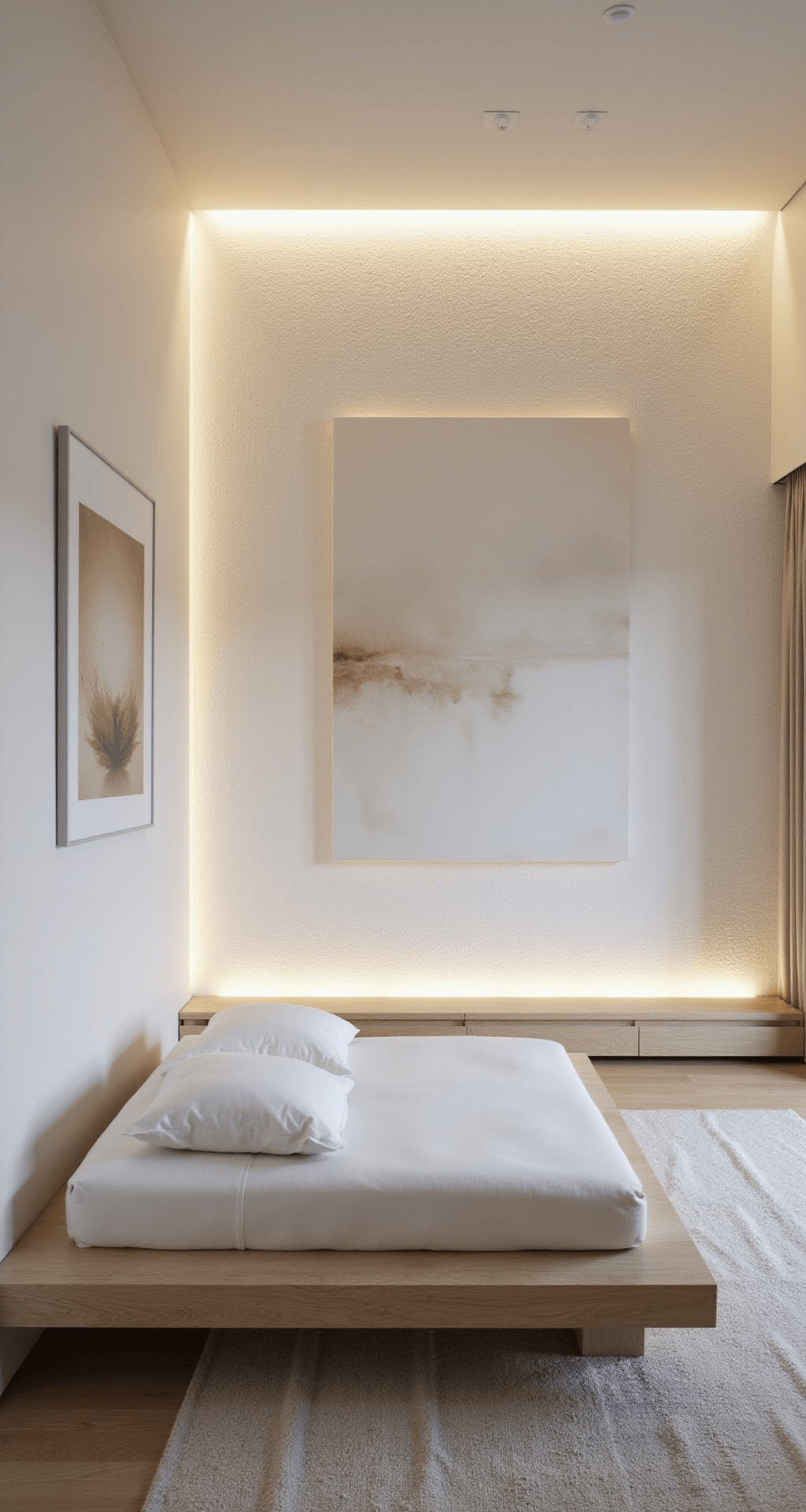 A minimalist bedroom at twilight, featuring a floating platform bed in bleached oak against a textured white wall, with integrated LED lighting casting a soft glow. The design showcases a monochromatic palette of warm whites and creams, complemented by a single oversized abstract artwork that adds subtle color, emphasizing clean lines and negative space.