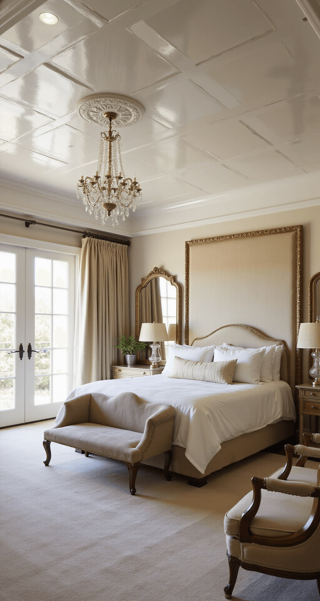 A wide-angle view of a grand 24x28ft bedroom bathed in morning light, featuring a coffered ceiling with a pearl finish and French doors, a California king bed with a custom champagne silk upholstered headboard, a seating area with a curved velvet sofa and bouclé chairs, and glamorous antique mirrors and crystal sconces.