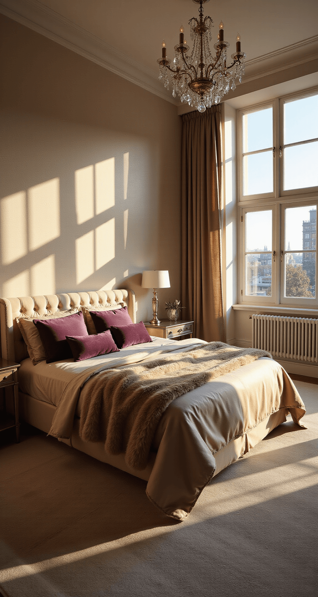 A luxurious master bedroom featuring a king-sized bed with a cream velvet-tufted headboard, layered in silk champagne bedding and plum accent pillows, illuminated by golden hour sunlight through floor-to-ceiling windows. The room includes a crystal chandelier, metallic nightstands with mercury glass lamps, and a soft focus effect enhancing the warm color temperature.