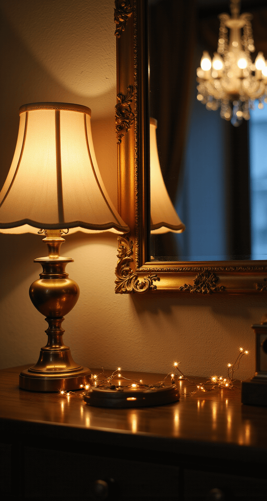 Close-up of a romantic bedroom with warm lighting from a vintage brass table lamp and delicate fairy lights, reflected in an ornate gold-framed mirror, featuring crystal bokeh effects and a textured grasscloth wallpaper background during blue hour.