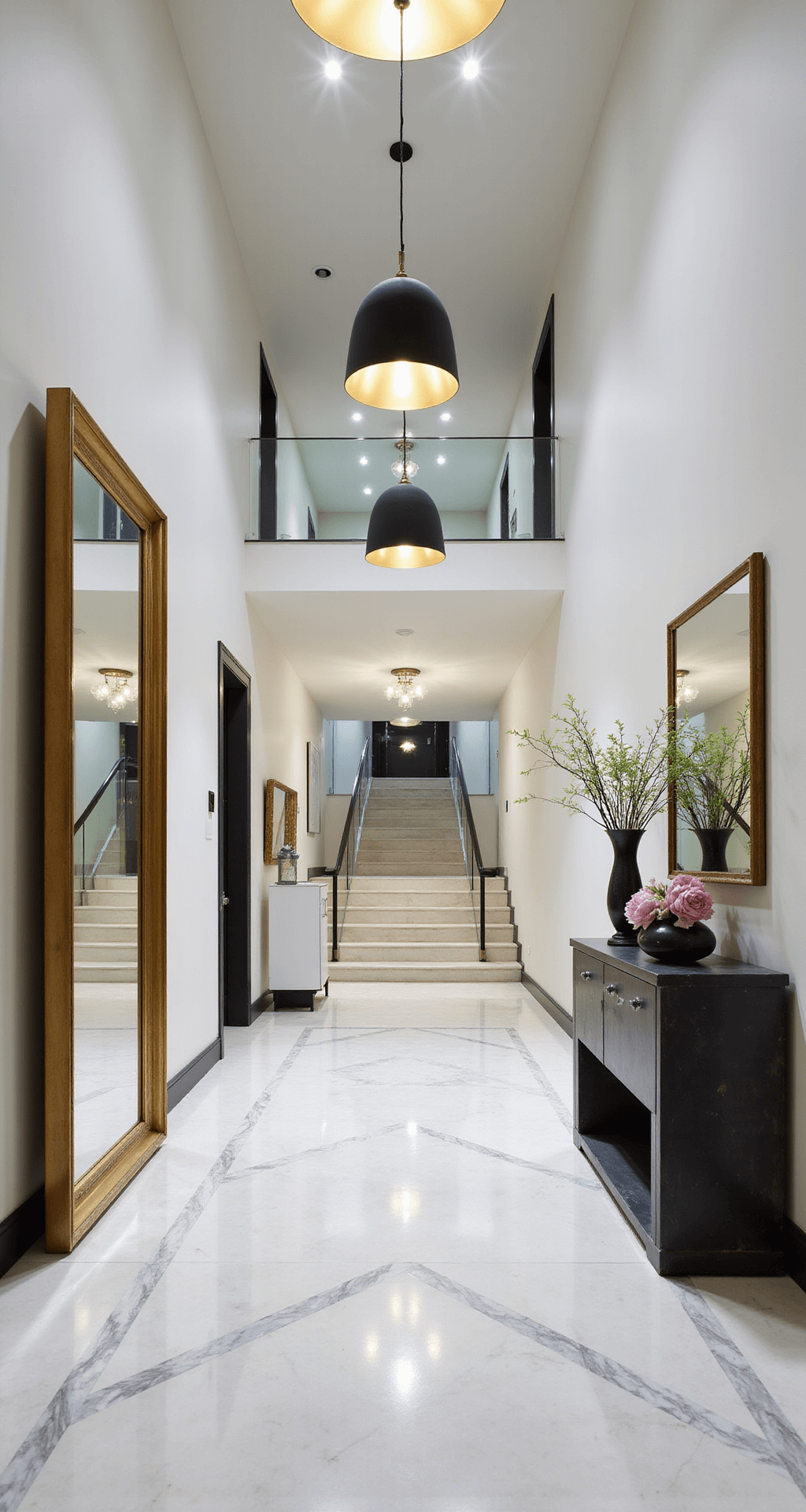 An expansive entry foyer featuring a geometric marble floor pattern that leads to a floating staircase with a glass balustrade, illuminated by dramatic uplighting and Tom Dixon pendant lights, all captured from above. An oversized brass-framed mirror reflects the stylish decor, including a console table with a modernist sculpture and fresh peonies, set against a color palette of white marble, brass, and black accents.