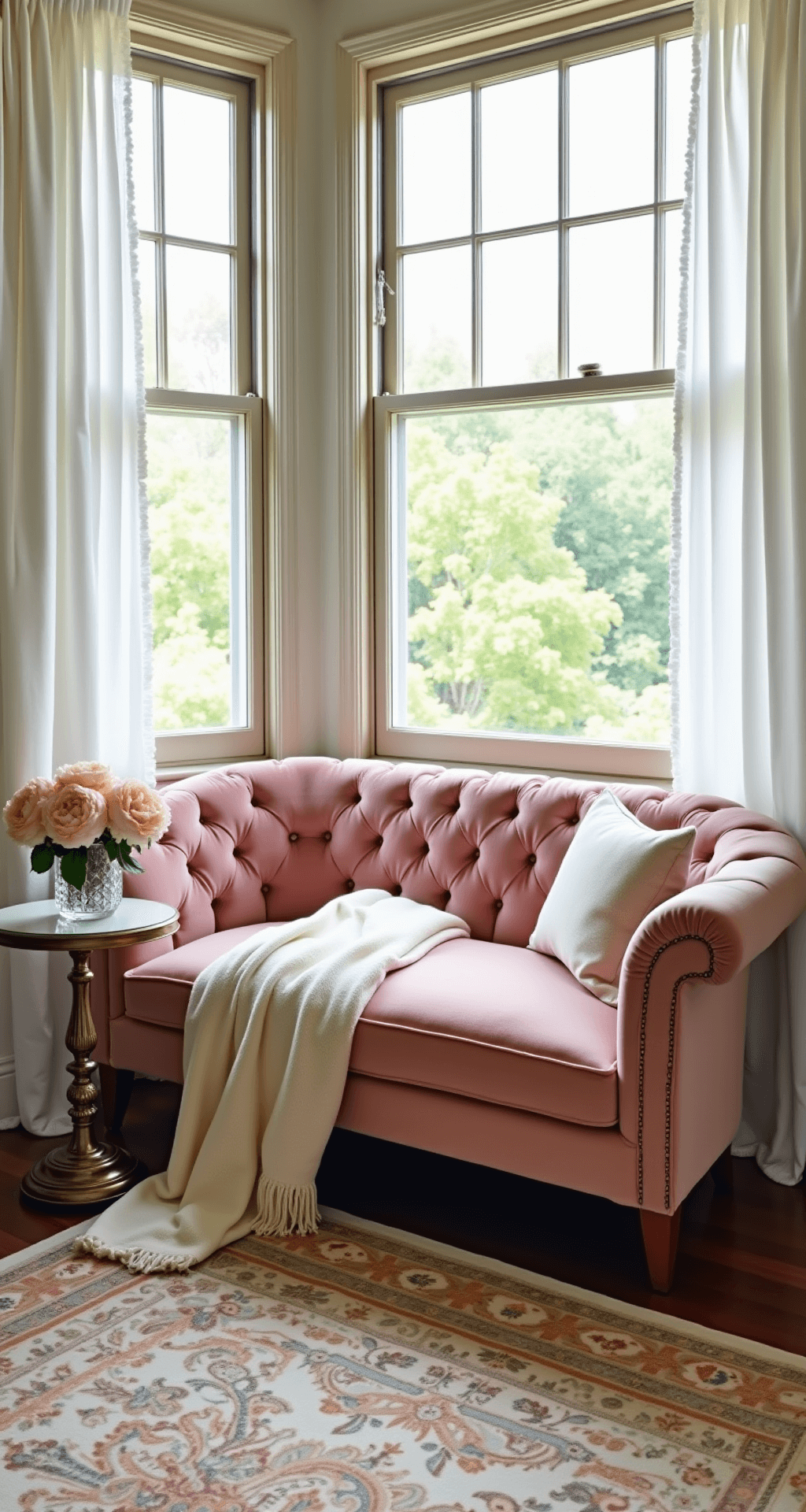 A luxurious bedroom seating area featuring a blush velvet chaise in a bay window alcove, adorned with a cashmere throw. An antique brass side table holds fresh peonies in a crystal vase, while sheer white curtains diffuse the morning light. A cream and rose gold Persian rug anchors the space, with a wide-angle perspective capturing the inviting ambiance.