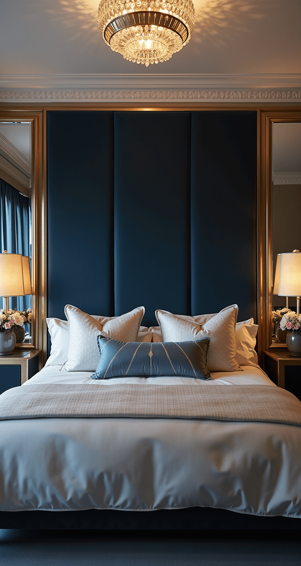 Dramatic dusk shot of a master bedroom featuring a deep navy velvet upholstered headboard flanked by antiqued mirror panels, with layered silver, cream, and pearl bedding illuminated by the last light, and a dimmed crystal chandelier above.