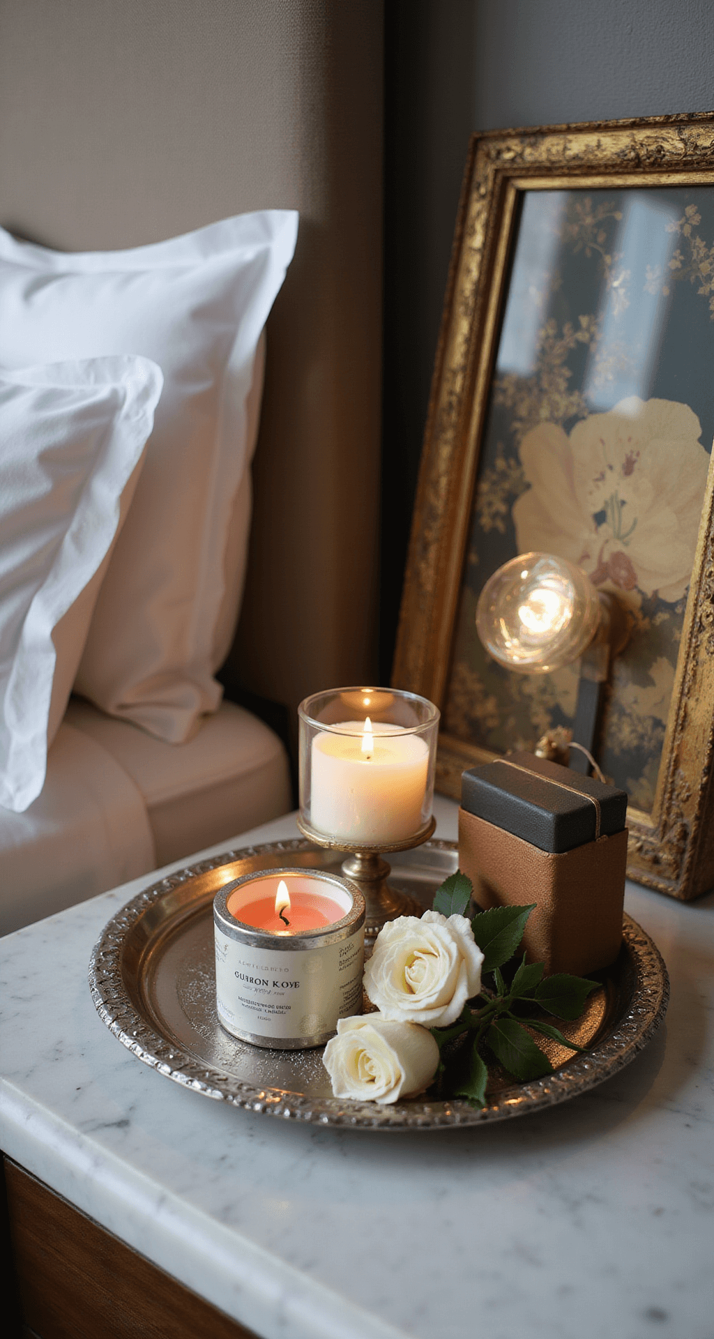 Curated bedside vignette featuring a vintage silver tray with artisanal candles and fresh roses on a marble nightstand, leather-bound books nearby, and a gold leaf picture frame illuminated by warm lamp light, captured in macro with shallow depth of field to emphasize luxurious textures and materials.