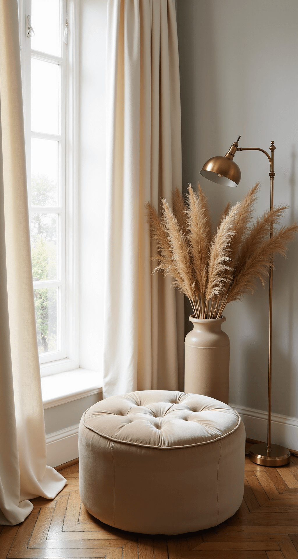 A low-angle view of a corner featuring cream silk drapes on herringbone hardwood floors, a champagne velvet tufted ottoman beside a vintage brass floor lamp, and an organic arrangement of dried pampas grass in a tall ceramic vessel, highlighting texture and elegance.