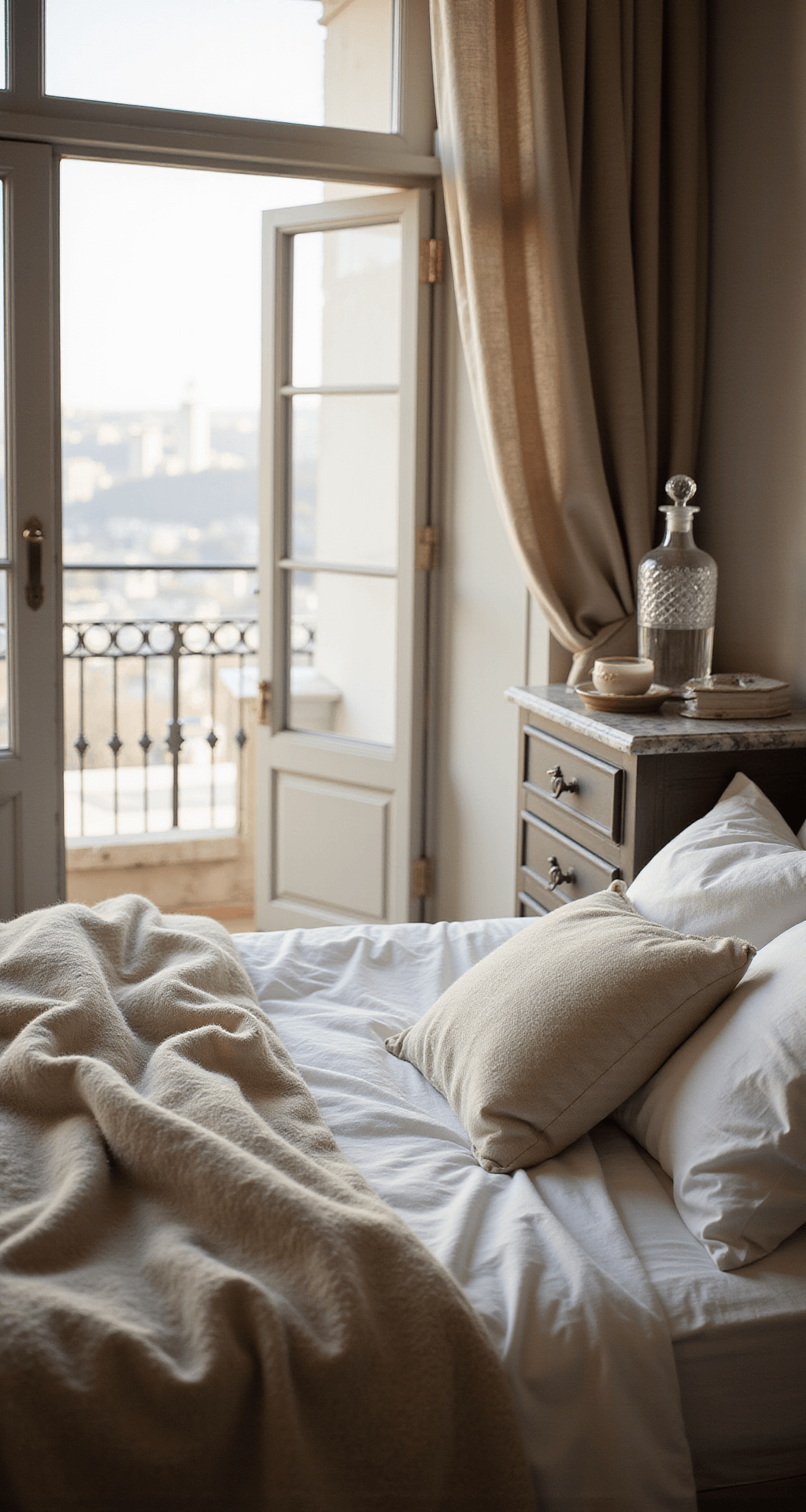 Intimate morning bedroom scene with gauzy curtains, rumpled white linen bedding, vintage crystal decanter, and French doors leading to a private balcony, all bathed in soft, natural light.