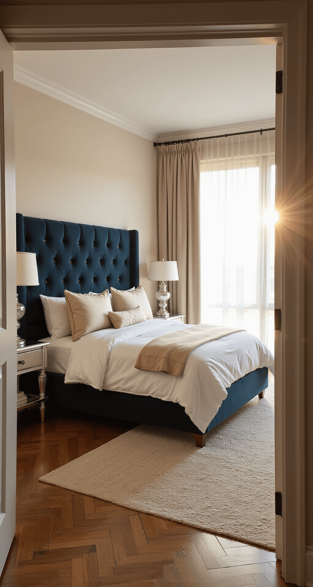 A spacious master bedroom bathed in warm golden hour light, featuring a king-sized bed with a deep navy tufted velvet headboard, crisp white Egyptian cotton bedding, and silk pillows. Venetian mirror nightstands with crystal lamps flank the bed, set against herringbone hardwood floors partially covered by a cream Moroccan rug, all framed by sheer white drapes.