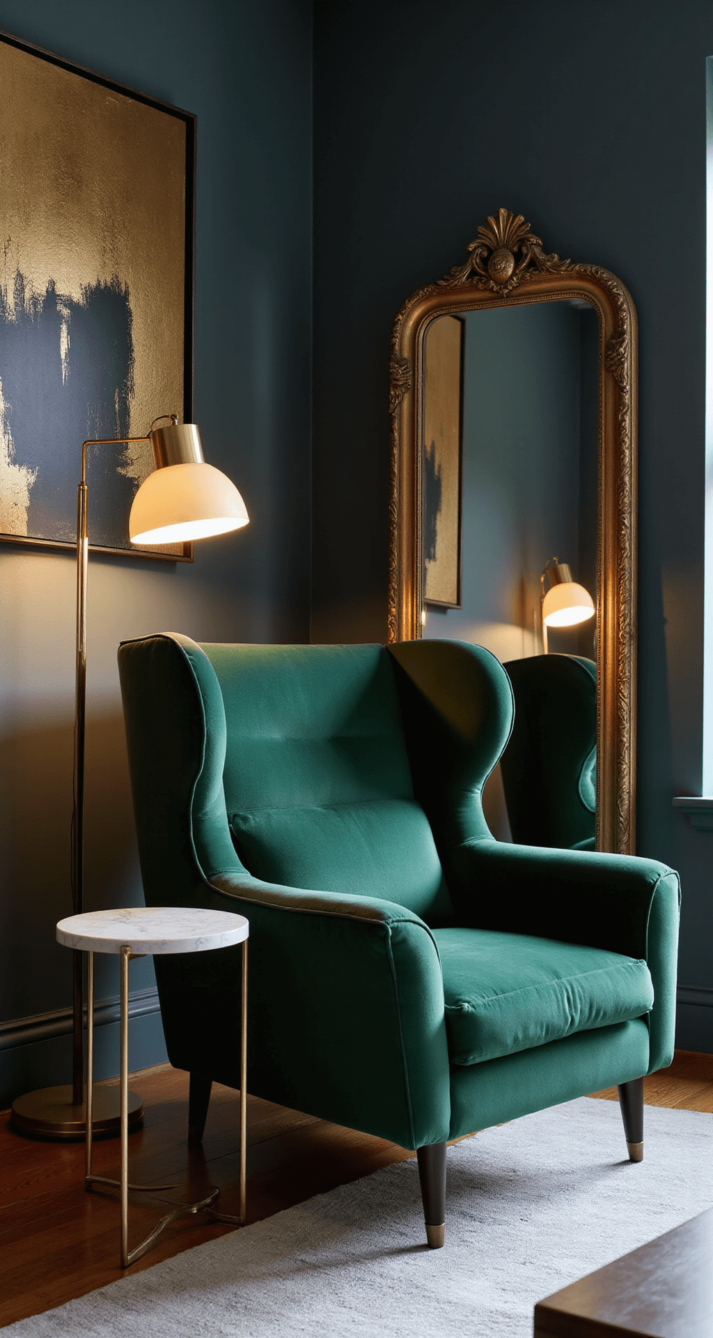 A corner view of a spacious bedroom at dusk, featuring an oversized emerald velvet wingback chair angled with a brass floor lamp and a floating marble side table. An antiqued mirror leans against the wall behind the chair, and modern abstract art in gold and black hangs above. The scene captures a low angle to emphasize the ceiling height, with a moody evening ambiance enhanced by soft lamp lighting, creating a sophisticated and intimate atmosphere.