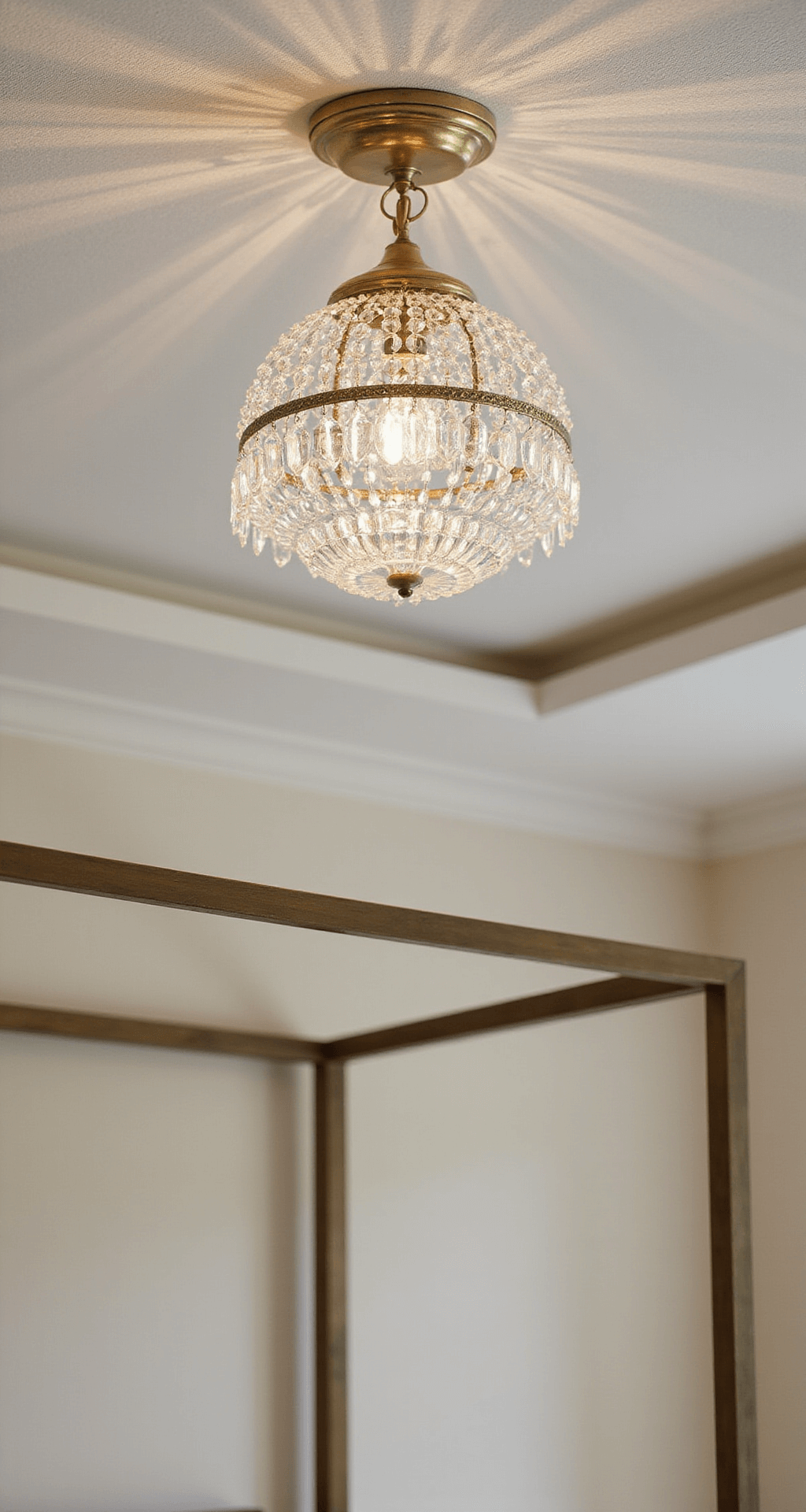 A detailed shot of a crystal and brass chandelier in a 12ft-ceiling bedroom, showcasing intricate prism patterns on pearl-toned grasscloth wallpaper, captured from a 30° angle with a focus on the faceted crystals and soft focus on a canopy bed frame, illuminated by dramatic spot lighting and crystal refractions, conveying a mood of glamorous elegance.