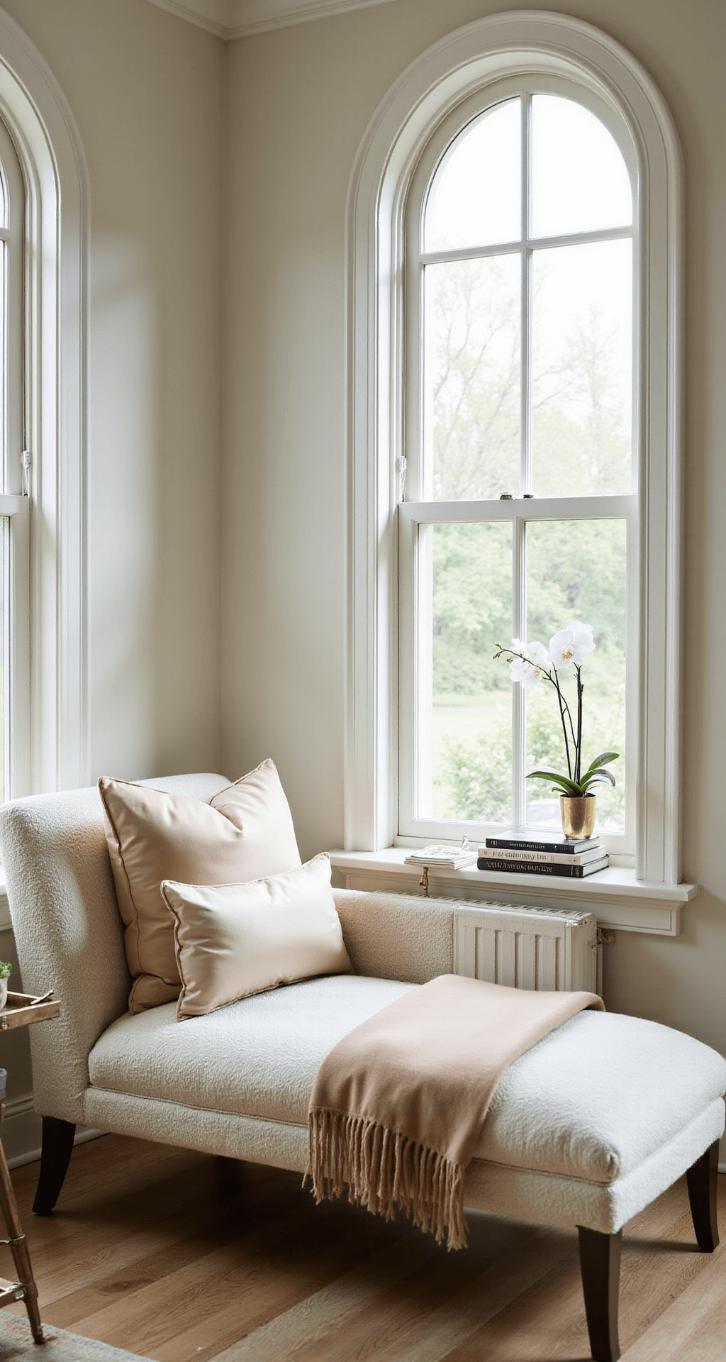 A serene late morning scene in a master suite sitting area featuring an 15x18ft alcove with arched windows. A cream bouclé chaise lounge is centered under the window, adorned with champagne silk pillows and a cashmere throw. An antique brass drinks cart displays fashion books and an orchid, while bright natural light highlights the window architecture, creating a mood of refined relaxation.