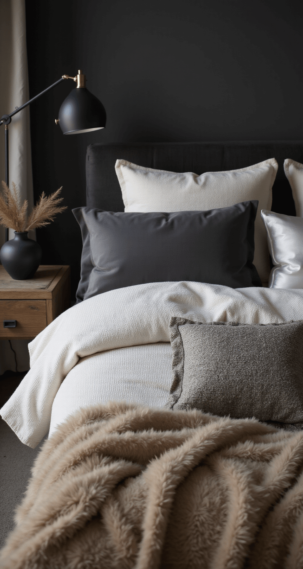 Ultra-close view of a luxurious bed at twilight, featuring charcoal velvet Euro shams, an ivory waffle-weave duvet, silver silk accent pillows, and a champagne faux fur throw, all illuminated by a matte black sconce from the left, showcasing a rich depth of textures in a tactile luxury setting.
