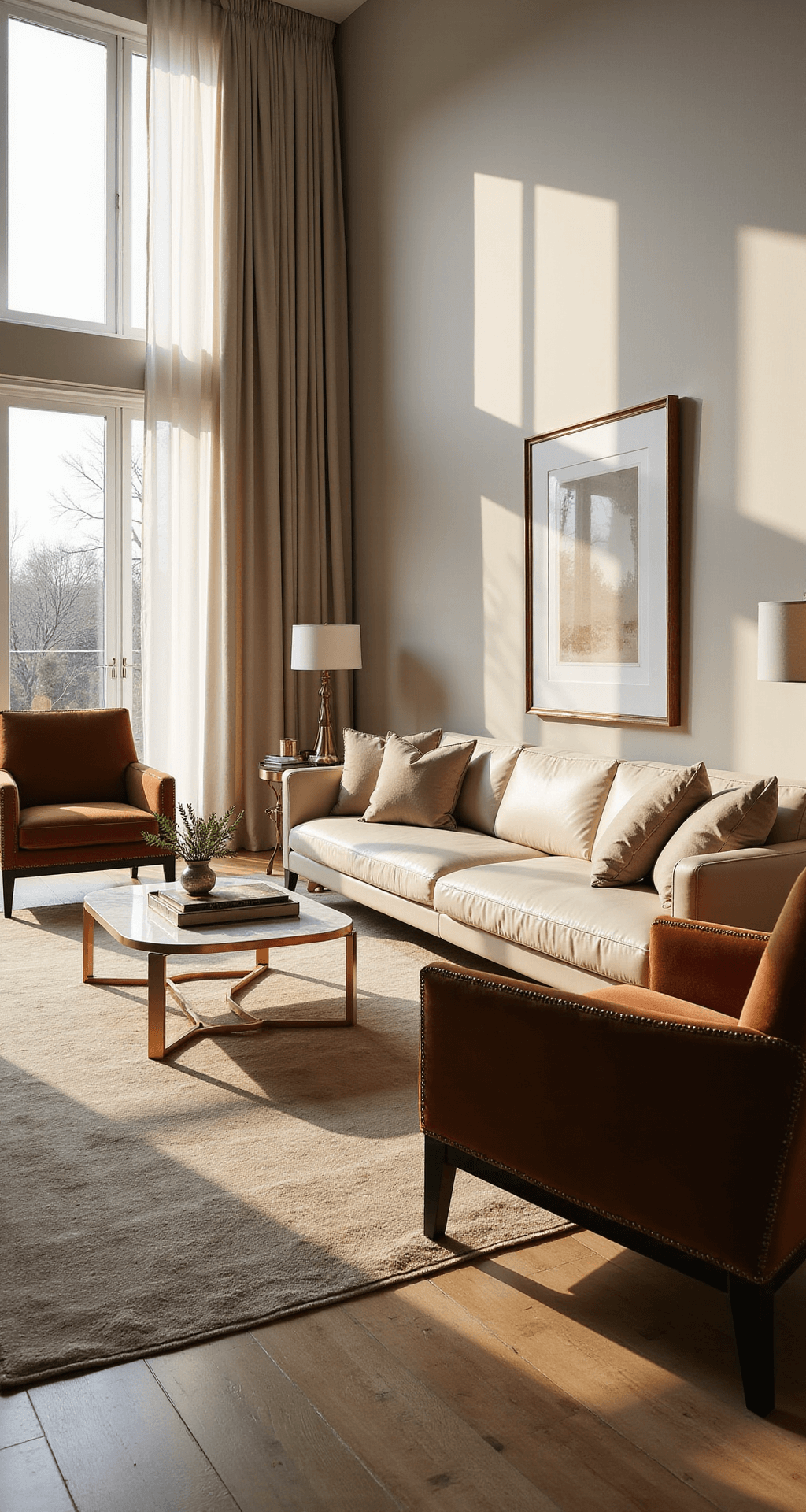 Luxurious sun-drenched living room featuring a cream Italian leather sectional, cognac velvet chairs, and a marble coffee table, all under 12ft ceilings with floor-to-ceiling windows. The space is styled in a neutral palette with layered textures and warm metallics, captured in golden hour light from a low corner angle.