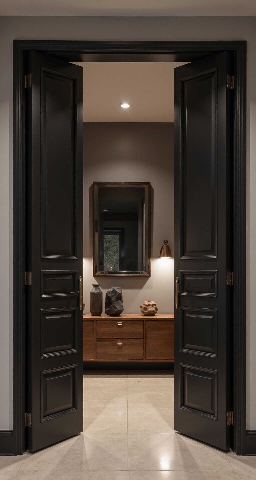 A modern luxury master bedroom entry at night, showcasing 9ft matte black double doors open wide to reveal a floating walnut credenza adorned with geometric sculptures, framed by minimalist brass pendant lights. The dramatic uplighting and the warm pendant glow create a mood of contemporary sophistication.