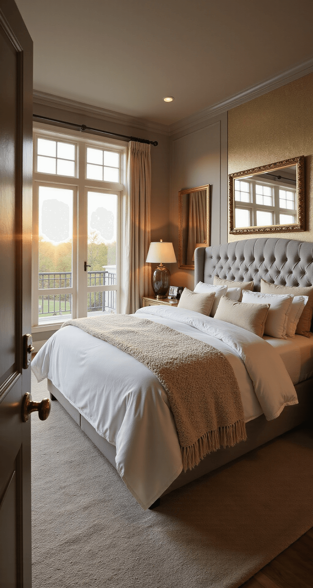 A luxurious master bedroom featuring a king-size bed with a dove gray velvet headboard, ivory silk bedding, and a chunky cream throw, illuminated by golden hour sunlight through floor-to-ceiling windows, with warm taupe walls, a gilded mirror, and brass bedside tables with smoky glass lamps, captured from the doorway for a dreamy effect.