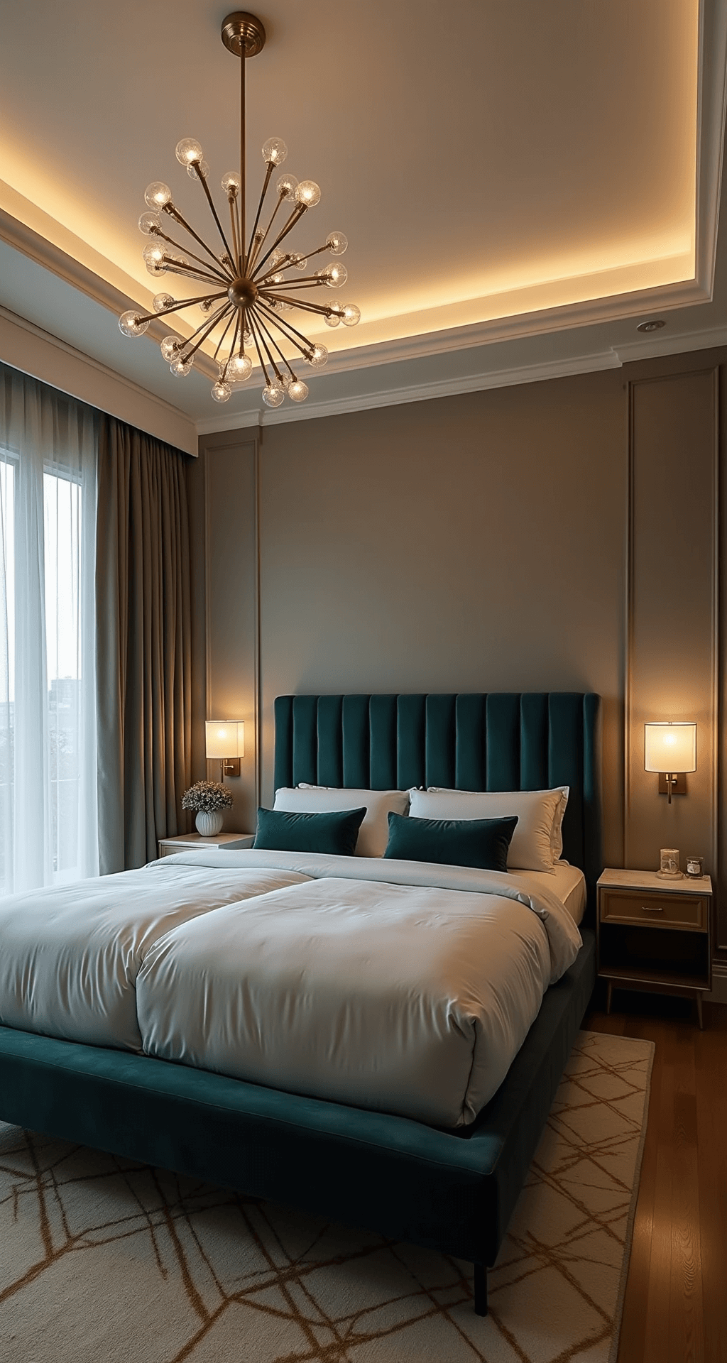 A cozy twilight bedroom featuring a modern sputnik chandelier, brass wall sconces, and hidden LED strips, showcasing a navy velvet platform bed with white linens and emerald green pillows, flanked by brass and marble side tables, all set on a cream and gold geometric area rug, captured from a low corner angle.