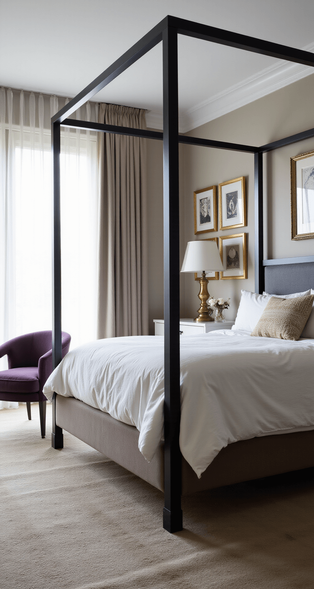 Luxury bedroom with black canopy bed, greige walls, purple velvet chairs, and gold accents, illuminated by morning light through sheer curtains, showcasing various textures and a gallery wall of abstract art.