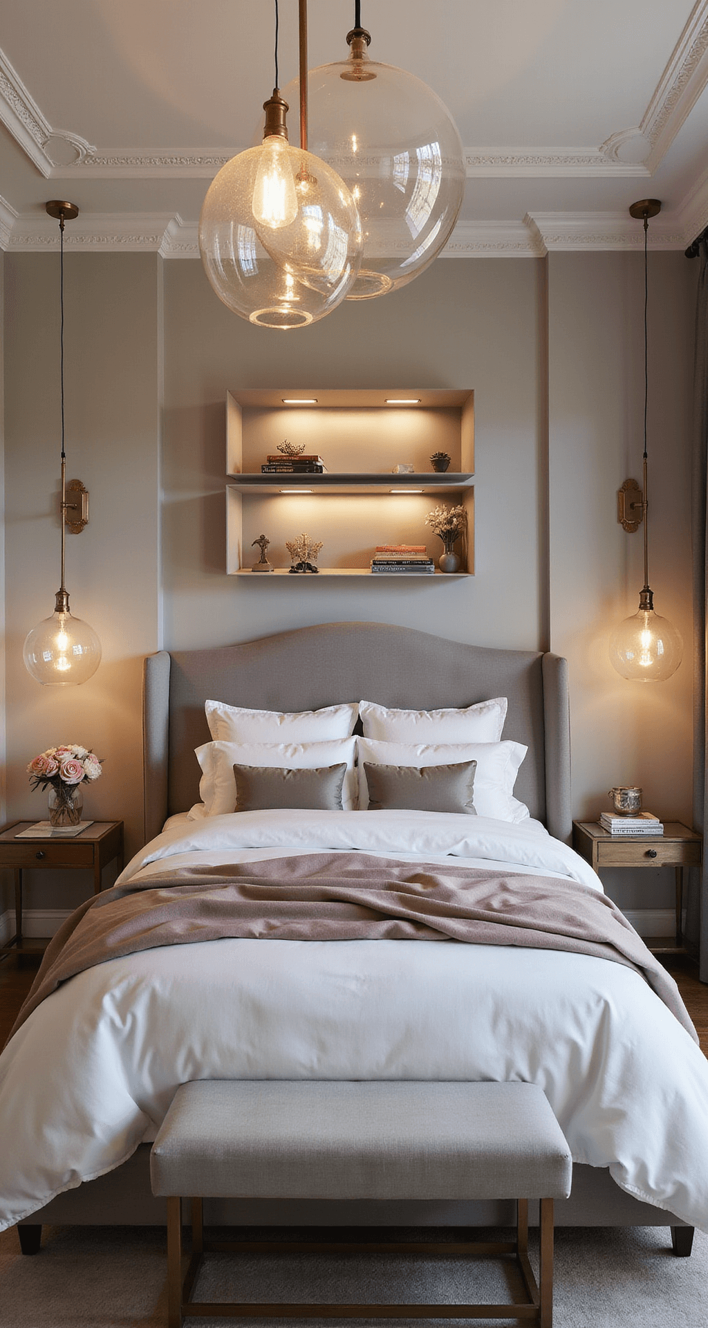 A luxurious boutique hotel-inspired bedroom with an upholstered wingback headboard, white linens, and oversized glass globe pendants, captured from an elevated angle at dusk.