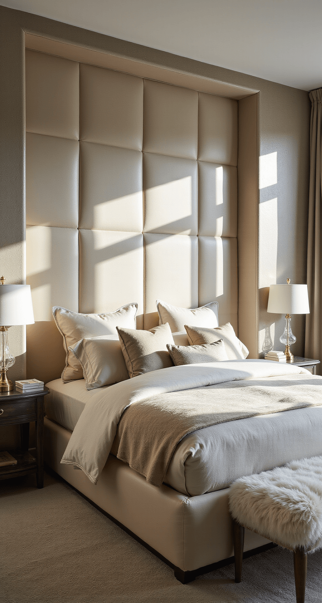 Sophisticated bedroom with a custom tufted champagne silk headboard wall, ivory linens on a platform bed, layered with mohair throws and silk pillows, a faux fur bench, Venetian plaster walls, and dramatic shadows from crystal and brass lighting.