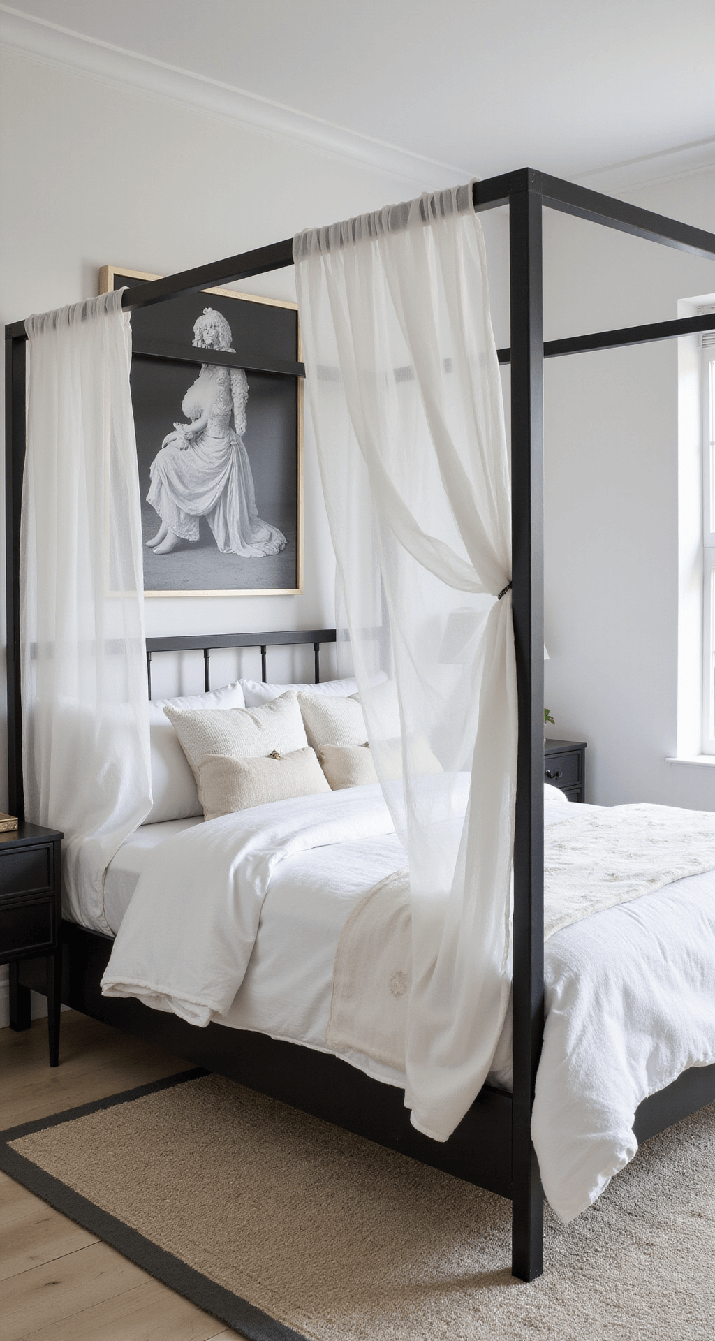 A serene midday bedroom featuring a modern four-poster bed in matte black metal with sheer white panels, soft white walls adorned with oversized black and white photography, minimal brass accent furniture including floating nightstands and a sleek dresser, and textural white bedding, all captured from a corner position with bright natural lighting.