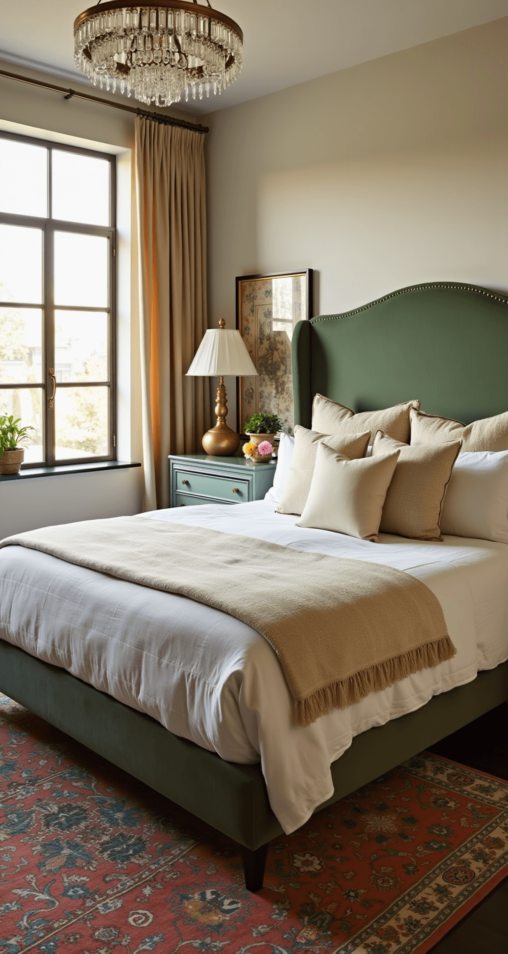 A cozy bedroom with sage green velvet upholstered headboard, warm brass accents, layered white and cream bedding, a vintage Moroccan rug, and a chandelier casting rainbow reflections, illuminated by dawn light.